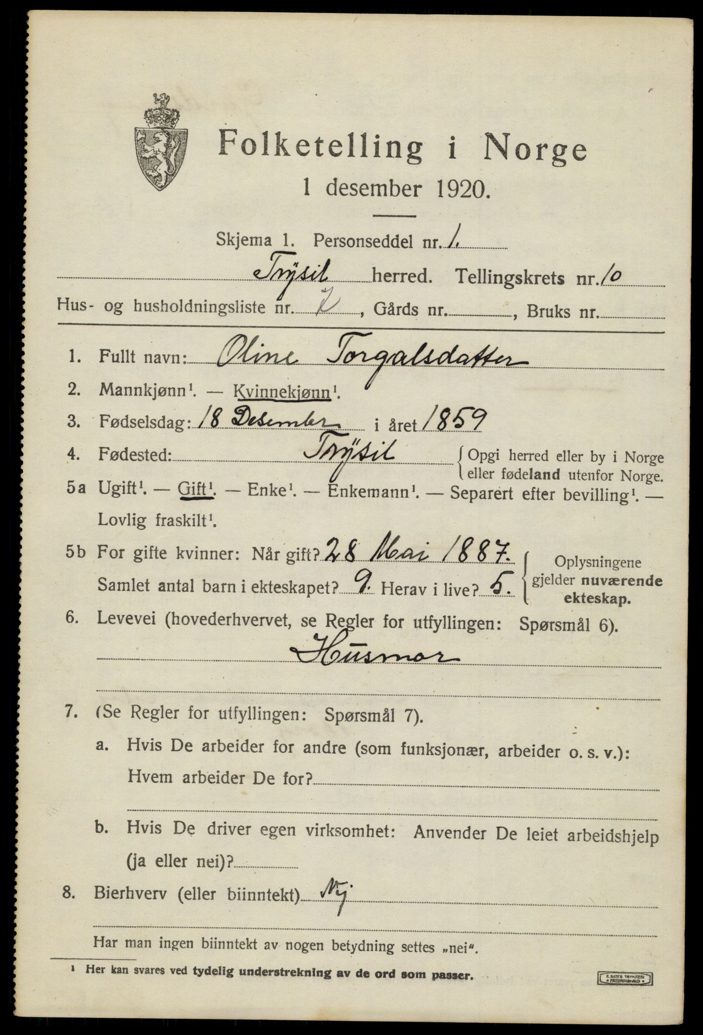 SAH, 1920 census for Trysil, 1920, p. 6933