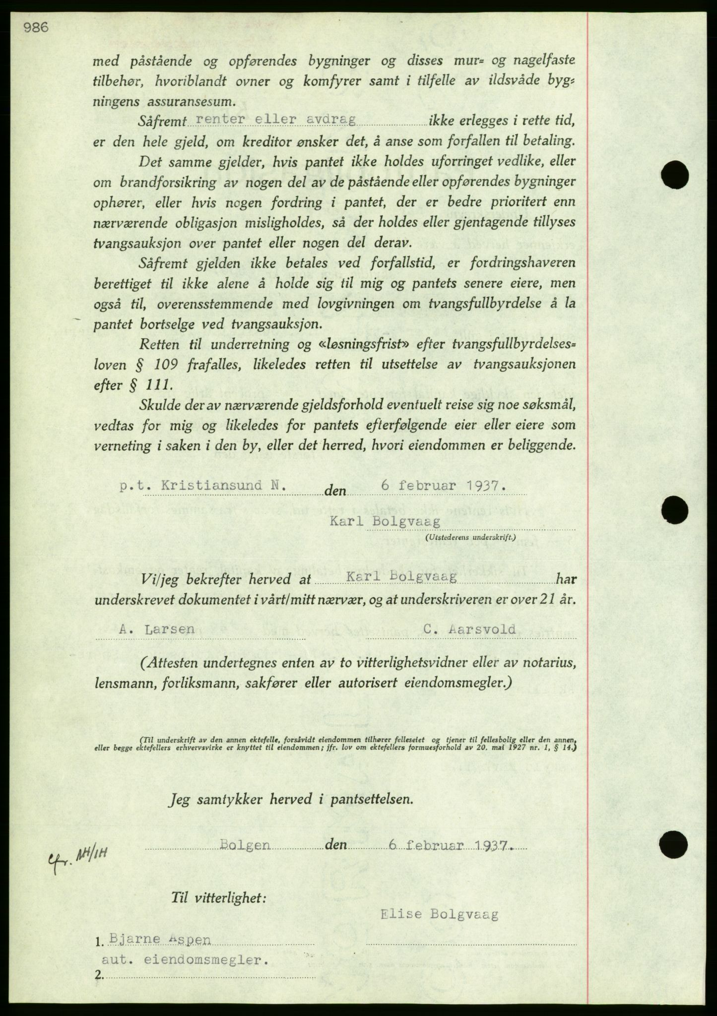 Nordmøre sorenskriveri, AV/SAT-A-4132/1/2/2Ca/L0090: Mortgage book no. B80, 1936-1937, Diary no: : 415/1937