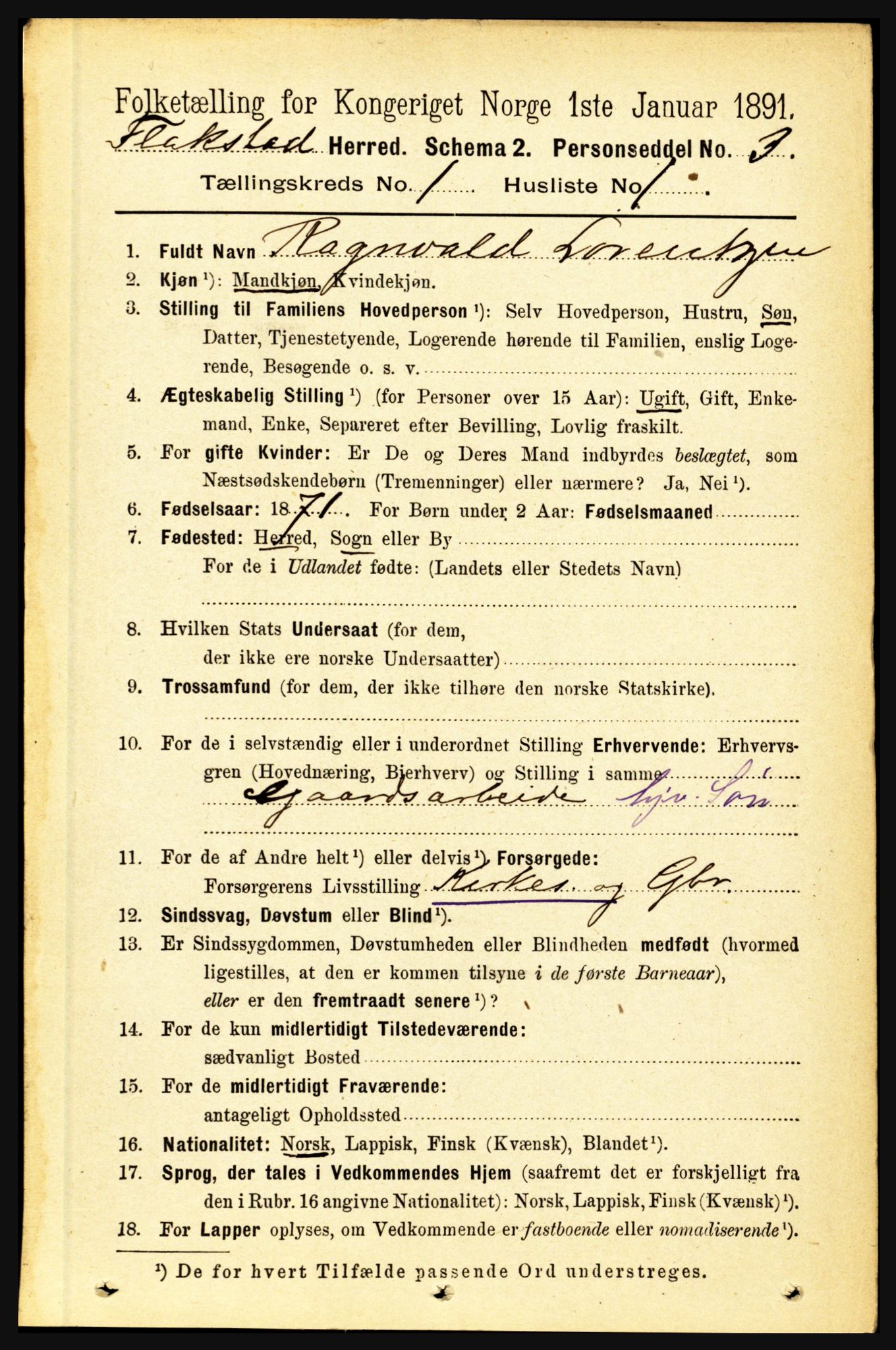 RA, 1891 census for 1859 Flakstad, 1891, p. 75