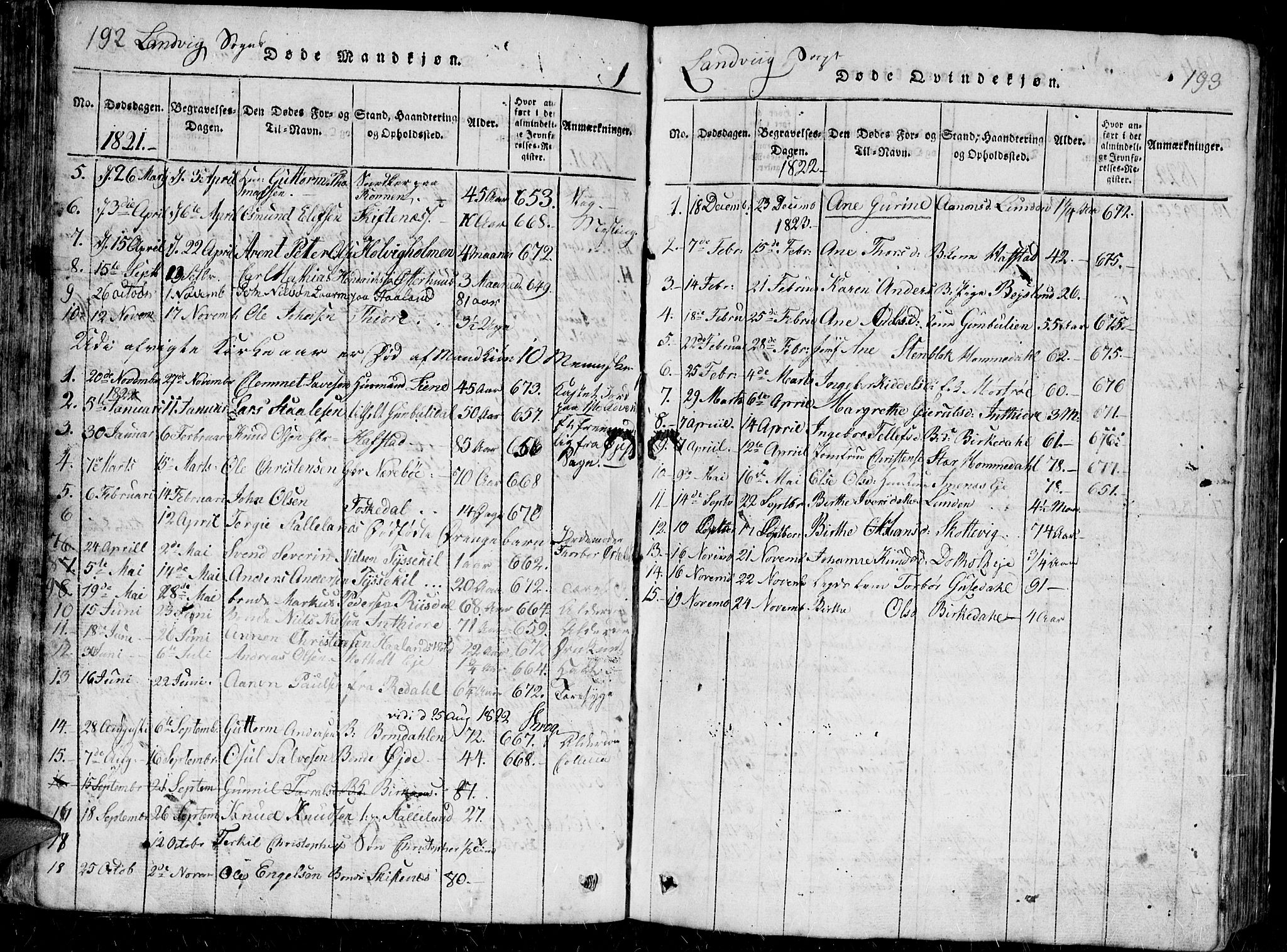 Hommedal sokneprestkontor, AV/SAK-1111-0023/F/Fb/Fbb/L0003: Parish register (copy) no. B 3 /1, 1816-1850, p. 192-193