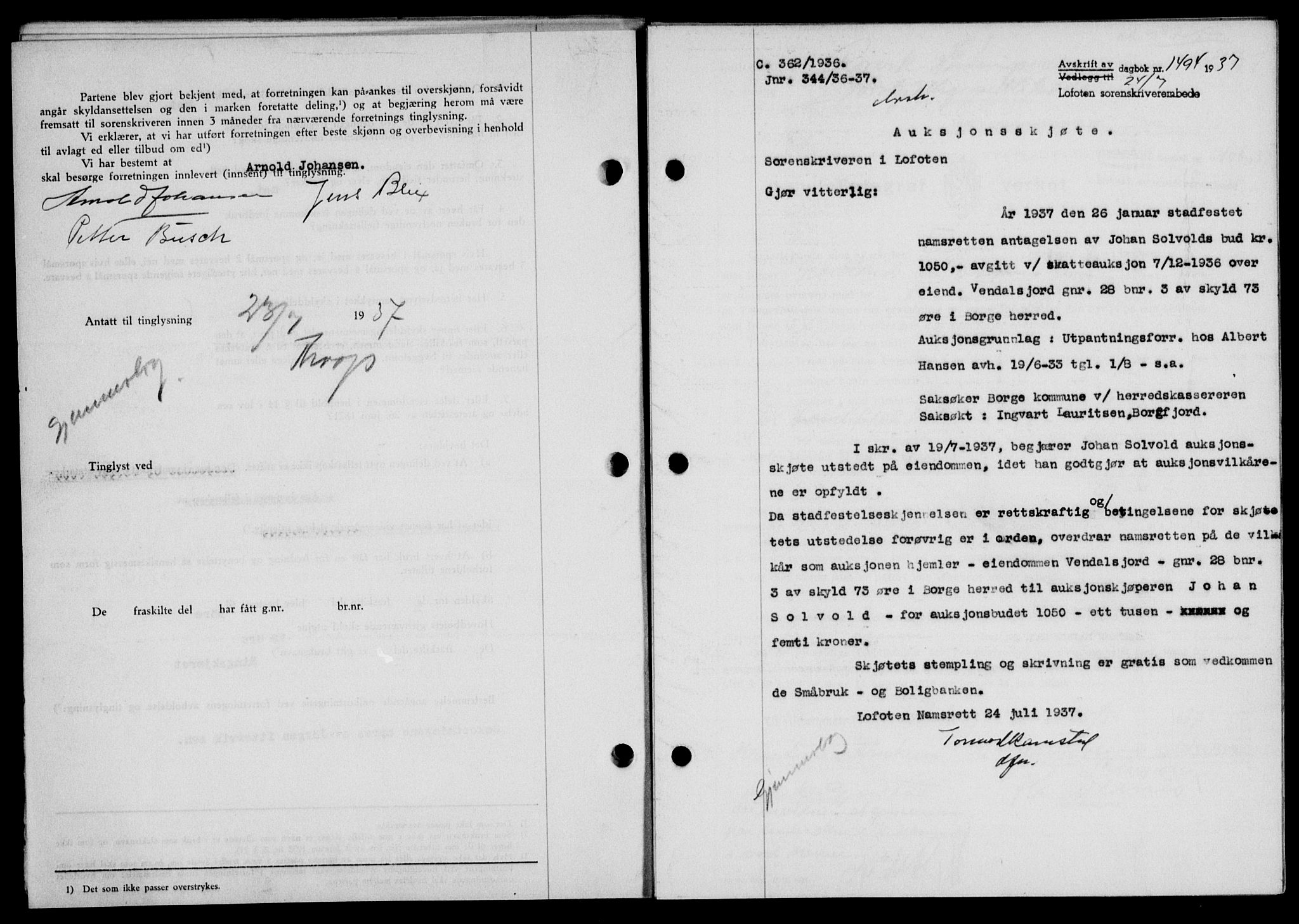 Lofoten sorenskriveri, SAT/A-0017/1/2/2C/L0002a: Mortgage book no. 2a, 1937-1937, Diary no: : 1494/1937