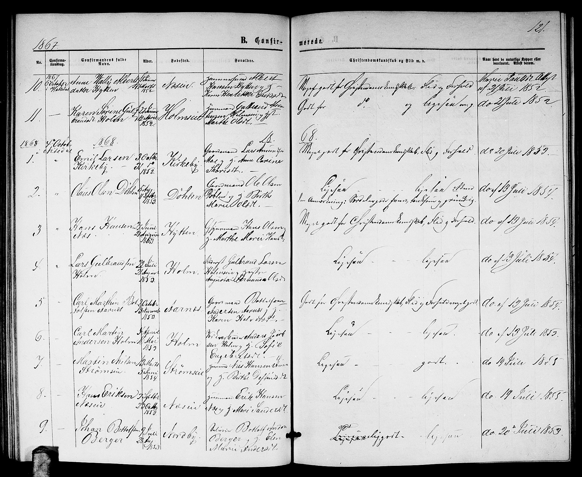 Nittedal prestekontor Kirkebøker, AV/SAO-A-10365a/G/Gb/L0001: Parish register (copy) no. II 1, 1859-1878, p. 121