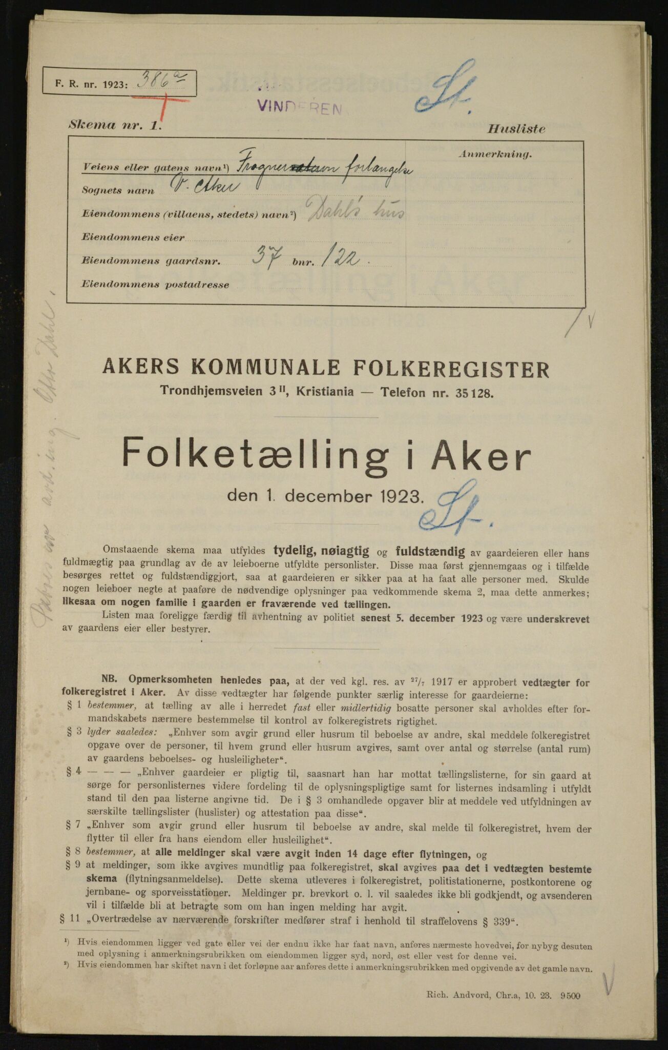 , Municipal Census 1923 for Aker, 1923, p. 9659