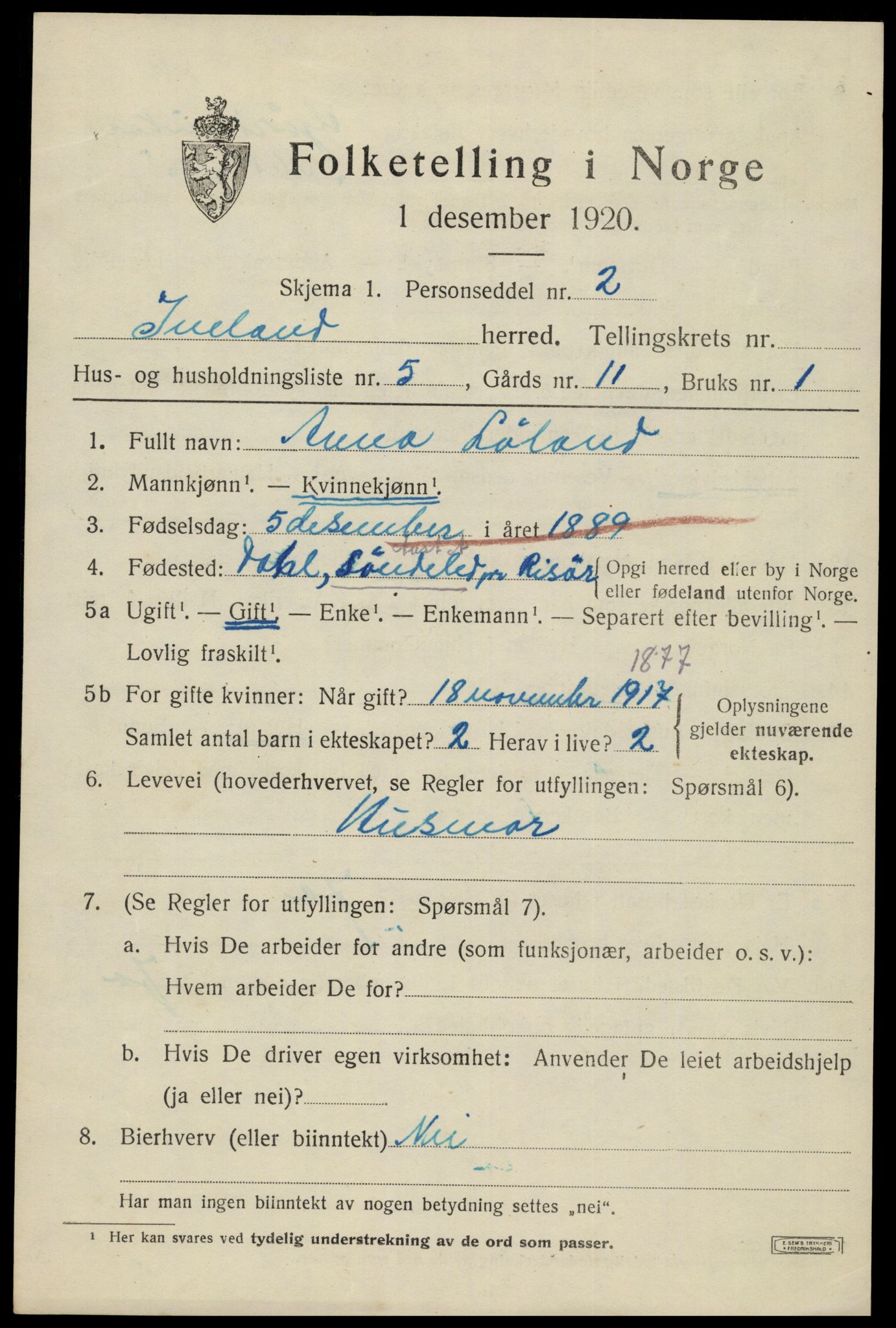 SAK, 1920 census for Iveland, 1920, p. 969