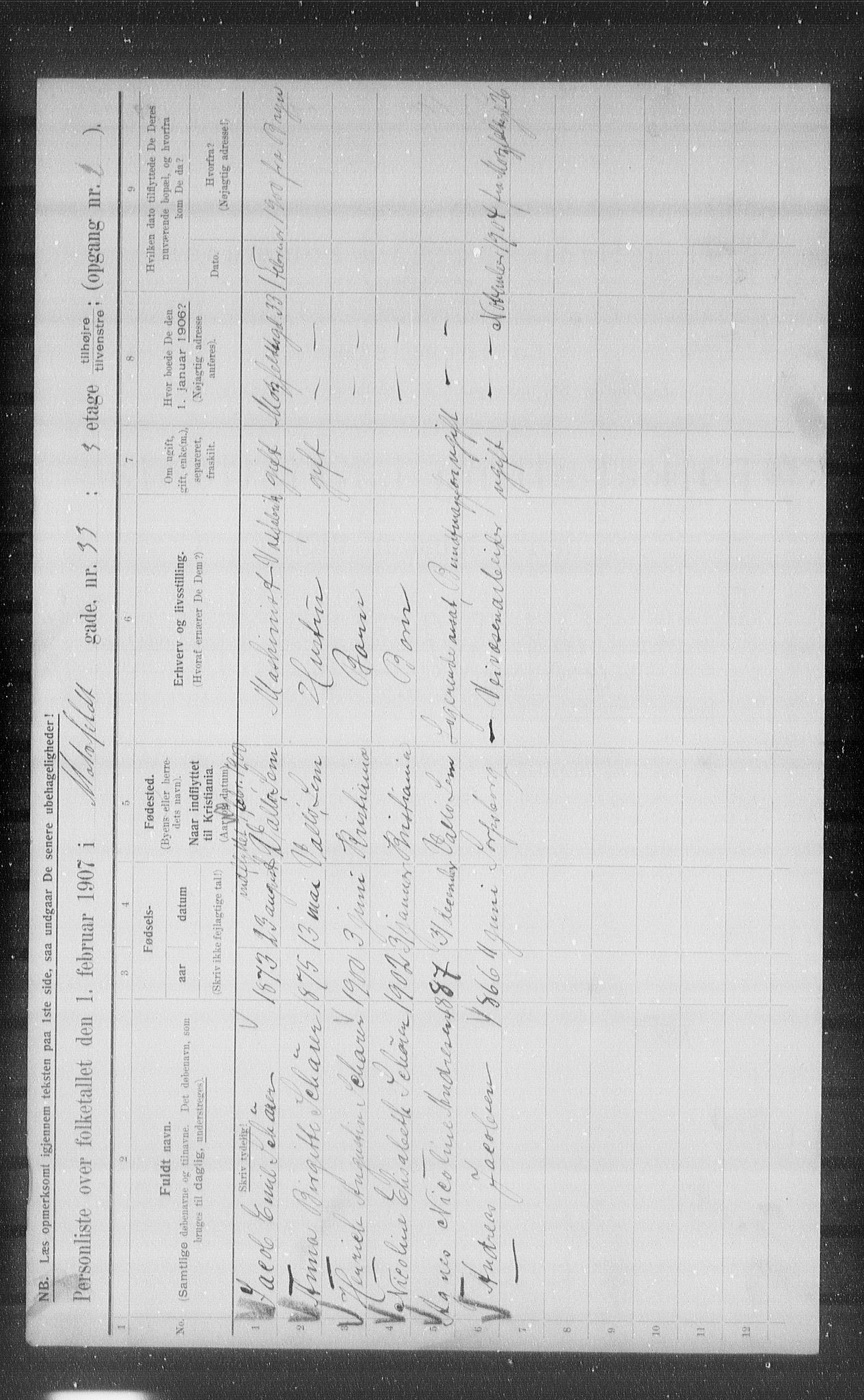 OBA, Municipal Census 1907 for Kristiania, 1907, p. 34016