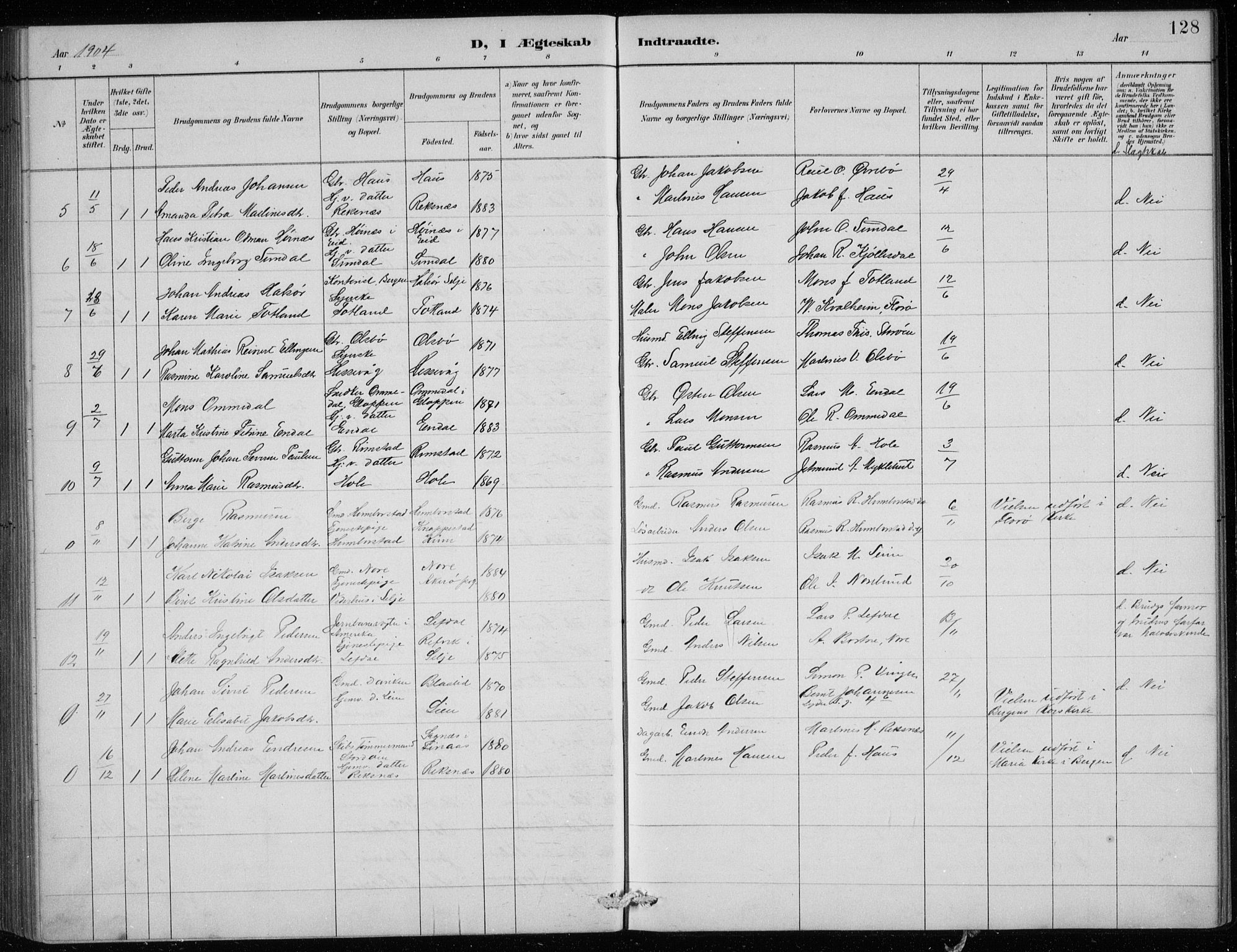 Davik sokneprestembete, AV/SAB-A-79701/H/Hab/Haba/L0002: Parish register (copy) no. A 2, 1890-1911, p. 128