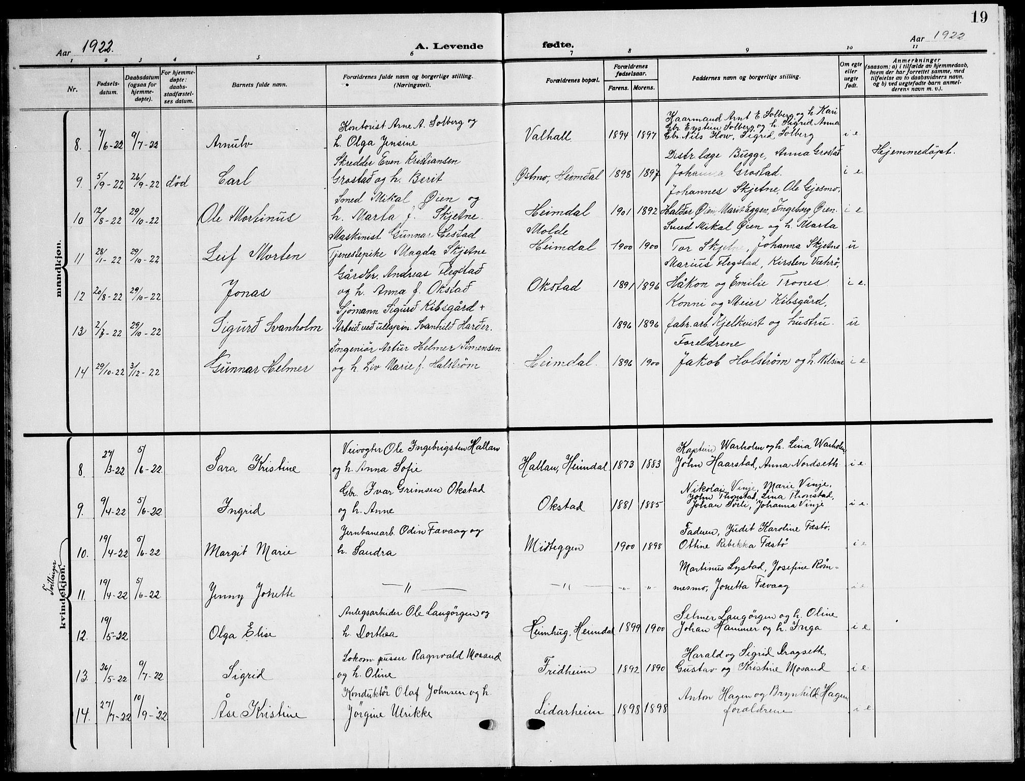 Ministerialprotokoller, klokkerbøker og fødselsregistre - Sør-Trøndelag, SAT/A-1456/621/L0462: Parish register (copy) no. 621C05, 1915-1945, p. 19