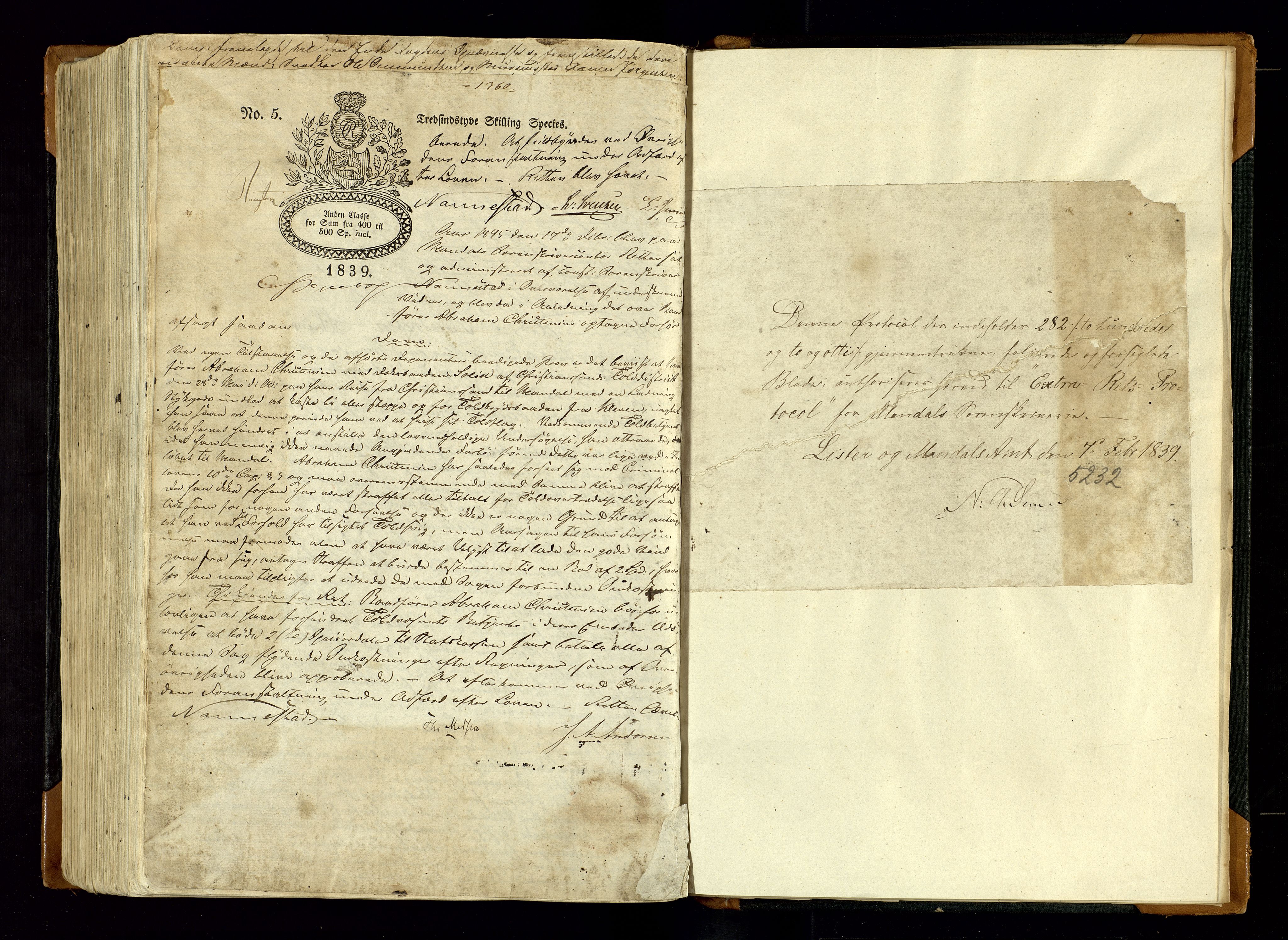 Mandal sorenskriveri, SAK/1221-0005/001/F/Fb/L0014: Ekstrarettsprotokoll med register for fast eiendom nr 12, 1839-1845