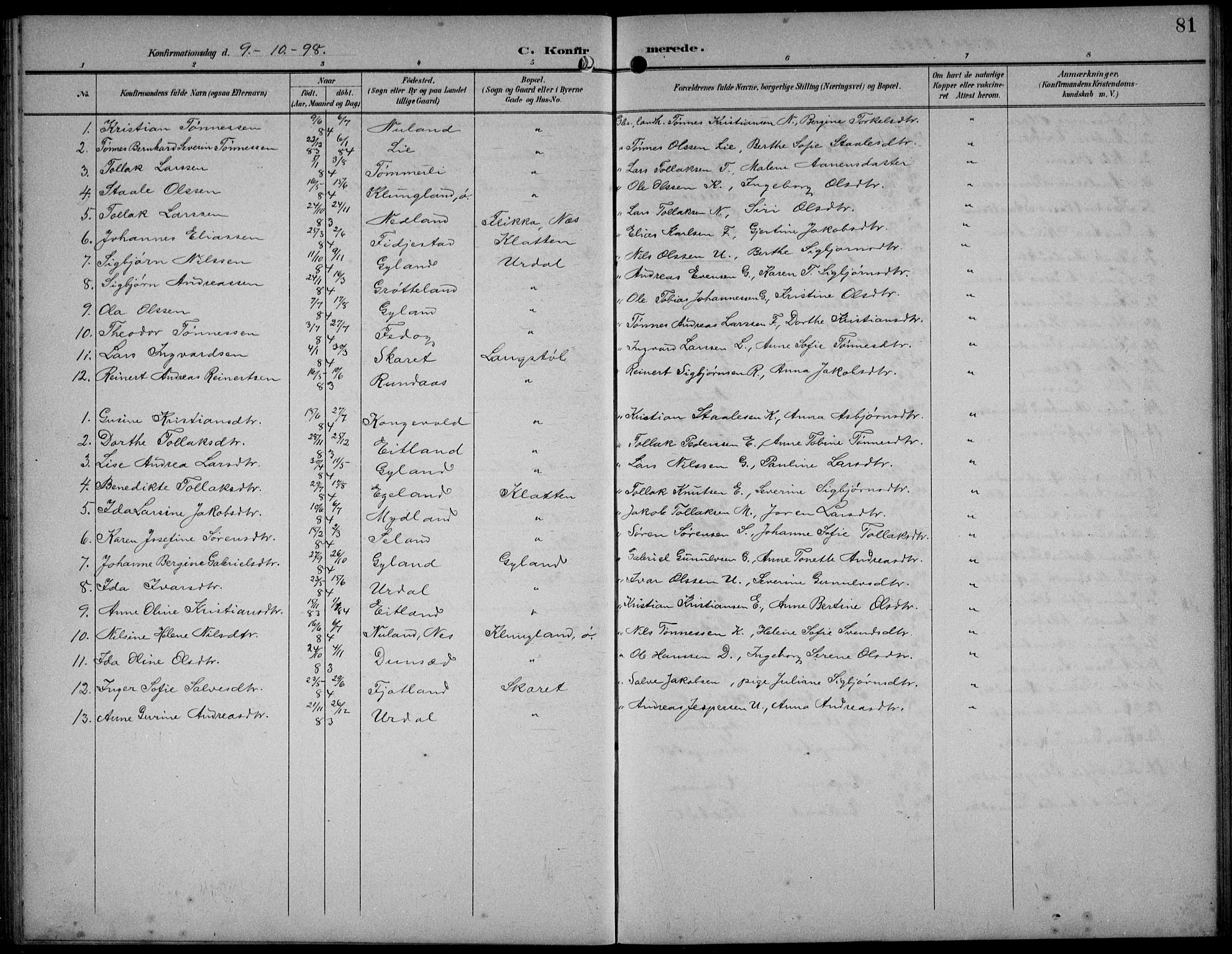 Bakke sokneprestkontor, SAK/1111-0002/F/Fb/Fbb/L0004: Parish register (copy) no. B 4, 1896-1927, p. 81