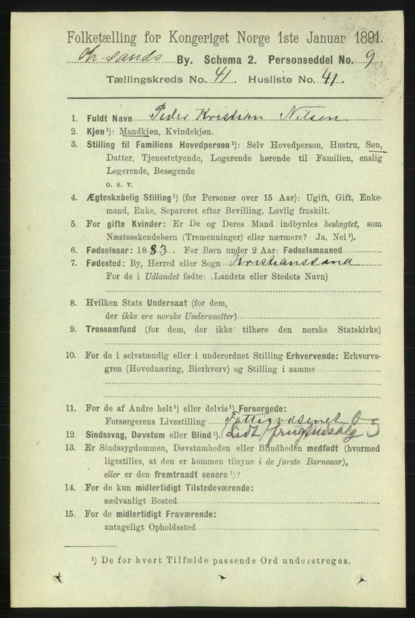 RA, 1891 census for 1001 Kristiansand, 1891, p. 12915