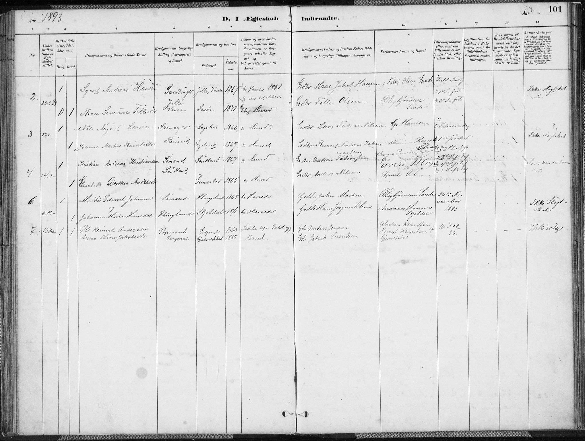 Herad sokneprestkontor, AV/SAK-1111-0018/F/Fa/Faa/L0006: Parish register (official) no. A 6, 1887-1907, p. 101