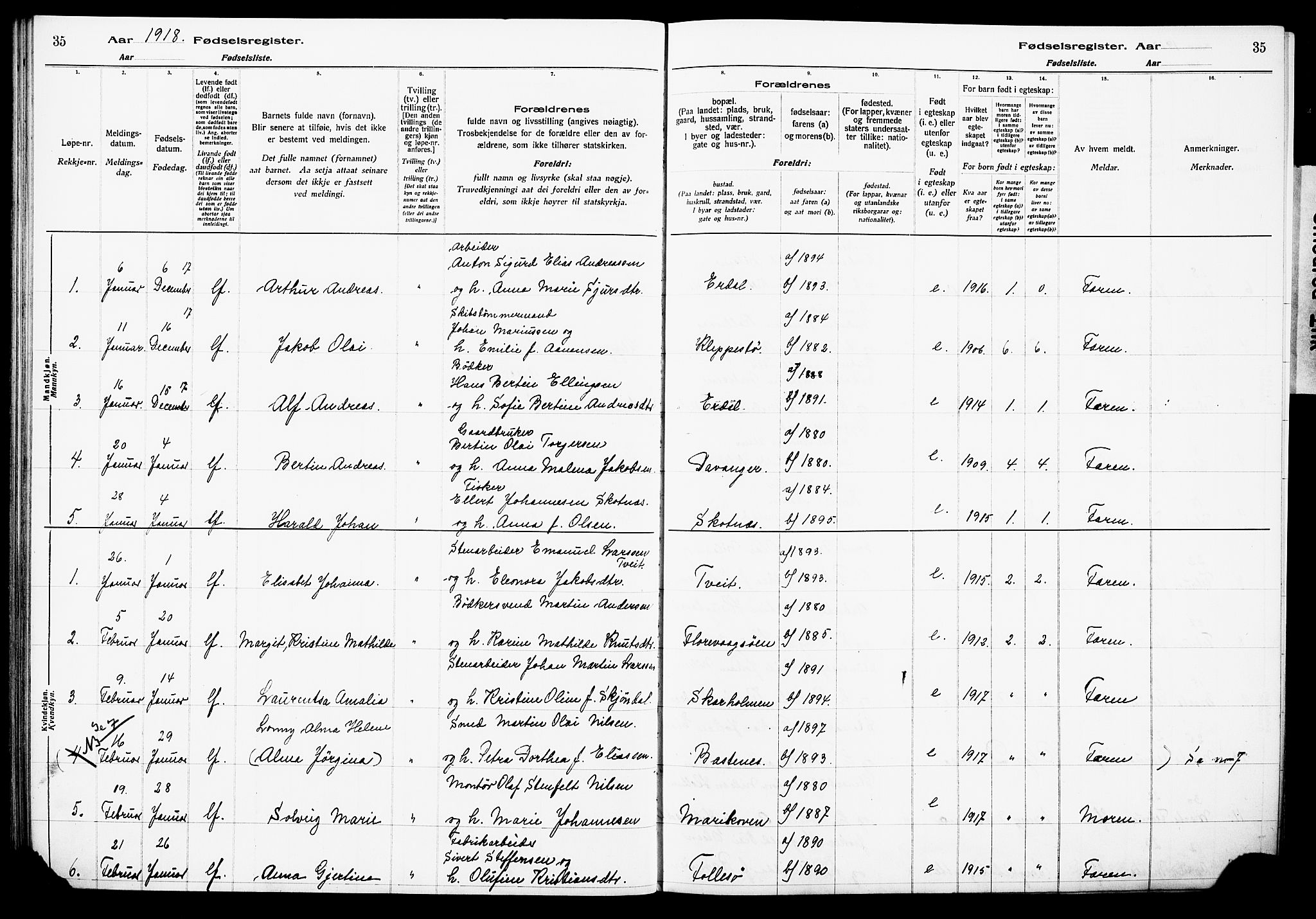 Askøy Sokneprestembete, SAB/A-74101/I/Id/L00A1: Birth register no. A 1, 1916-1928, p. 35