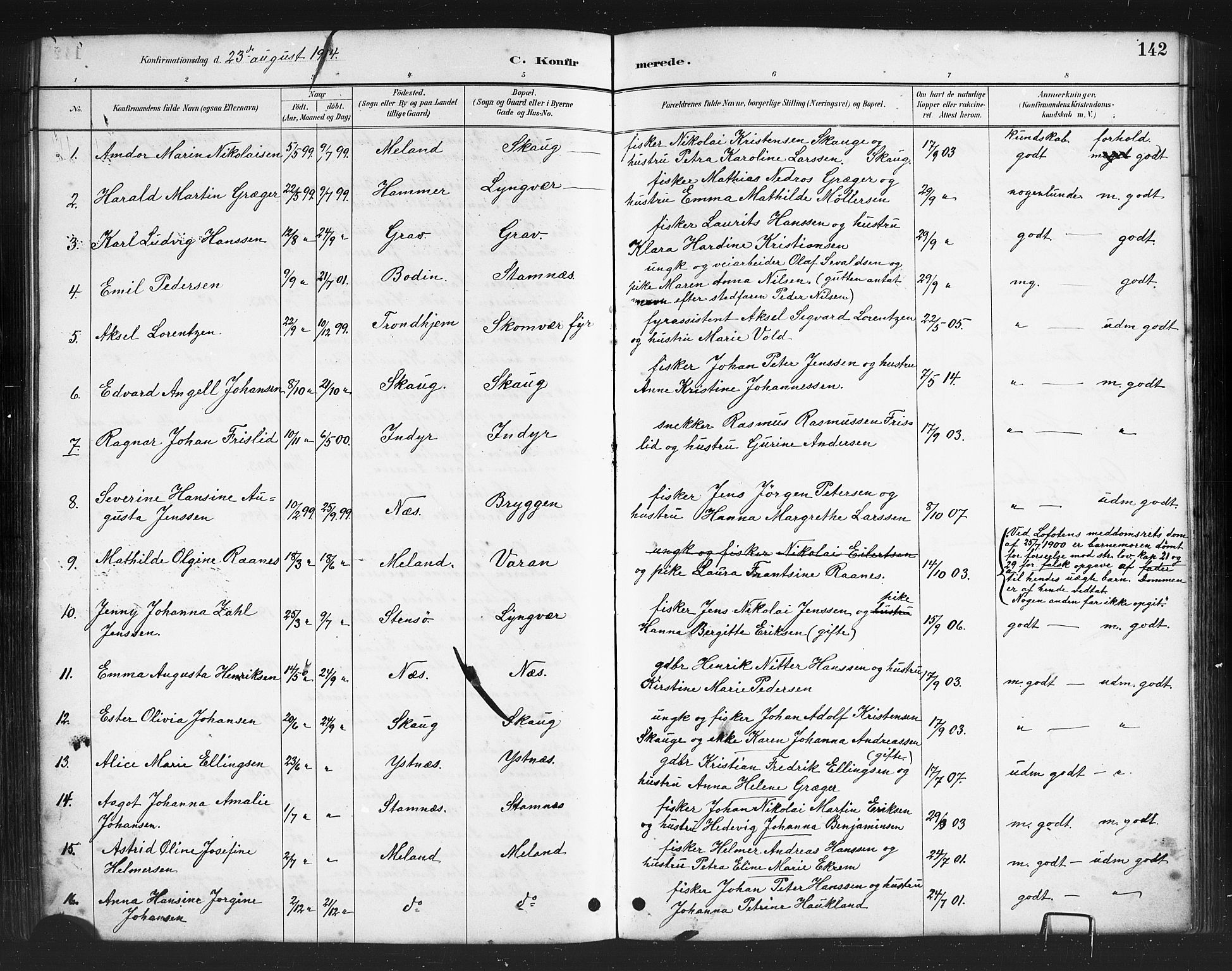 Ministerialprotokoller, klokkerbøker og fødselsregistre - Nordland, AV/SAT-A-1459/808/L0131: Parish register (copy) no. 808C02, 1879-1919, p. 142