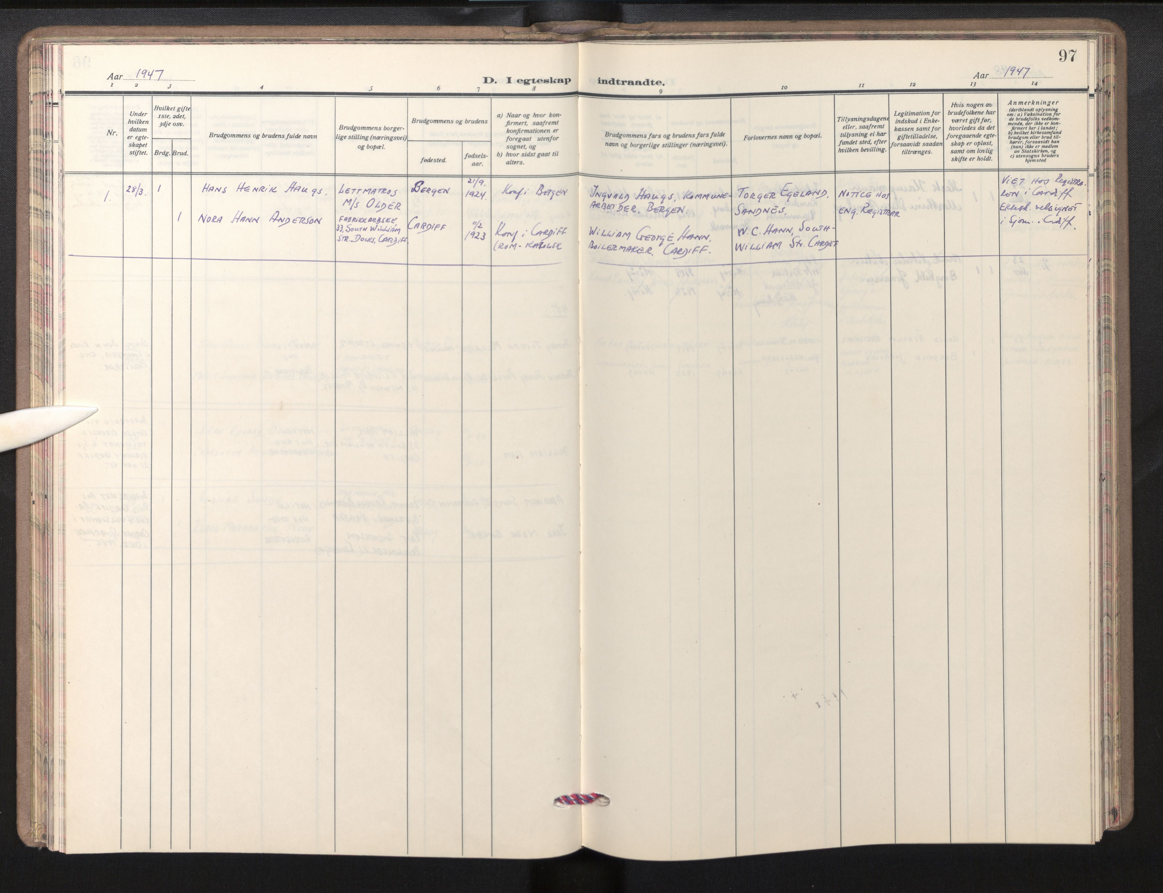 Den norske sjømannsmisjon i utlandet/Bristolhavnene(Cardiff-Swansea), SAB/SAB/PA-0102/H/Ha/Haa/L0003: Parish register (official) no. A 3, 1932-1966, p. 96b-97a