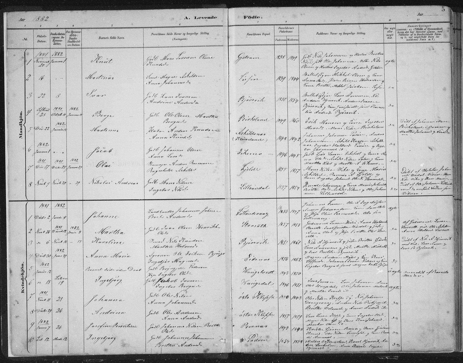 Hosanger sokneprestembete, SAB/A-75801/H/Hab: Parish register (copy) no. A 3 I, 1882-1903, p. 5