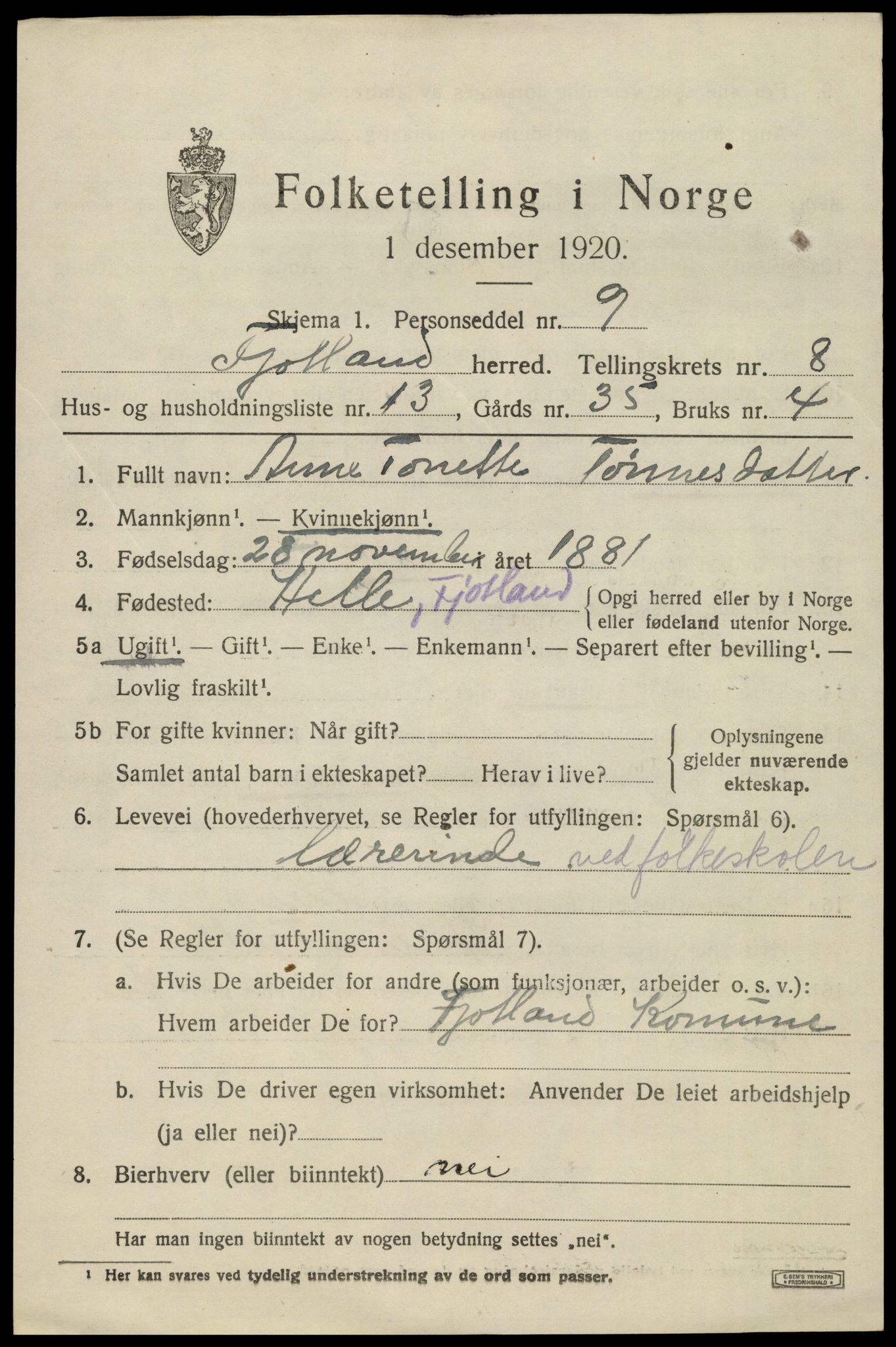 SAK, 1920 census for Fjotland, 1920, p. 2138