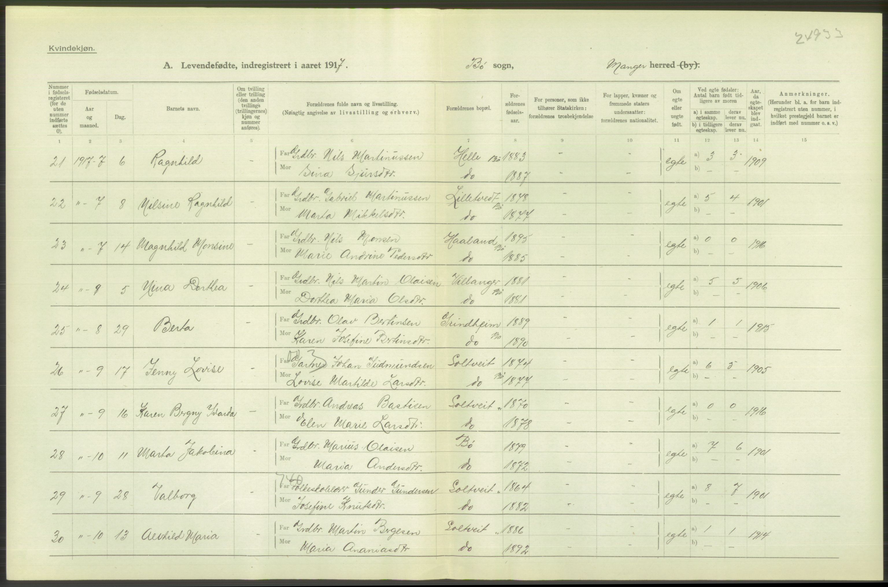 Statistisk sentralbyrå, Sosiodemografiske emner, Befolkning, RA/S-2228/D/Df/Dfb/Dfbg/L0034: S. Bergenhus amt: Levendefødte menn og kvinner. Bygder., 1917, p. 86