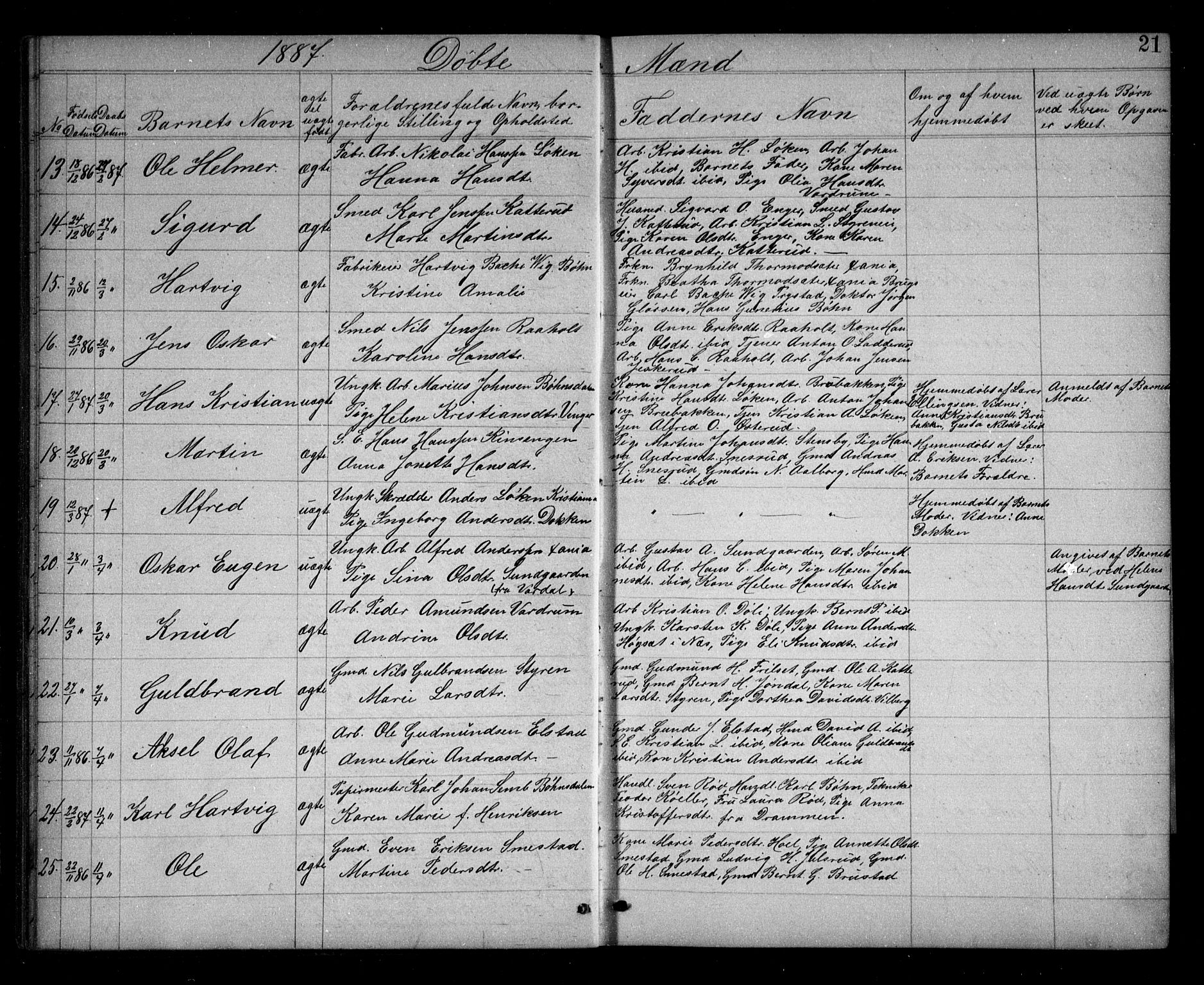 Eidsvoll prestekontor Kirkebøker, AV/SAO-A-10888/G/Ga/L0005: Parish register (copy) no. I 5, 1884-1894, p. 21