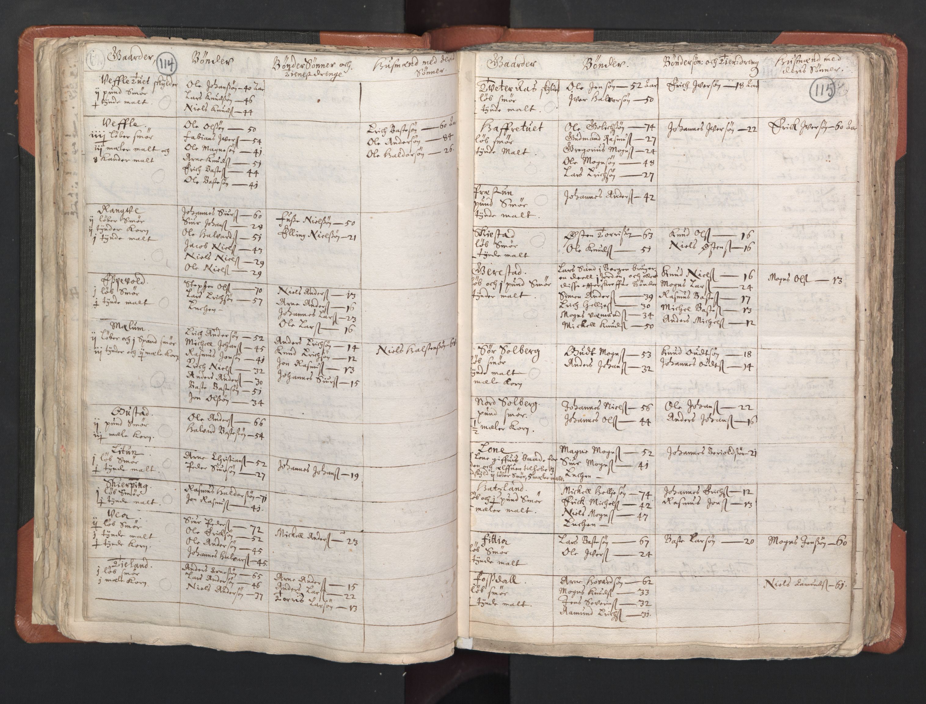 RA, Vicar's Census 1664-1666, no. 22: Nordhordland deanery, 1664-1666, p. 114-115