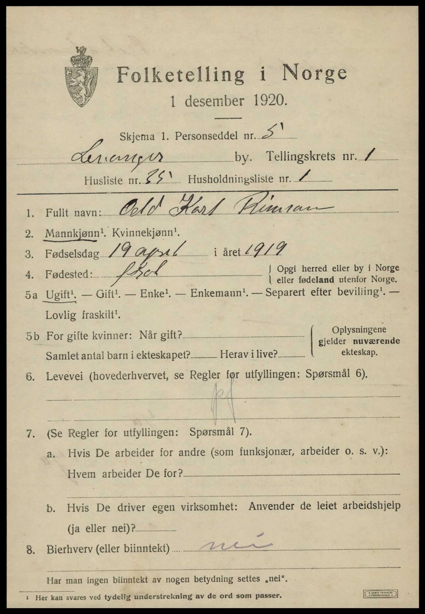 SAT, 1920 census for Levanger town, 1920, p. 1784