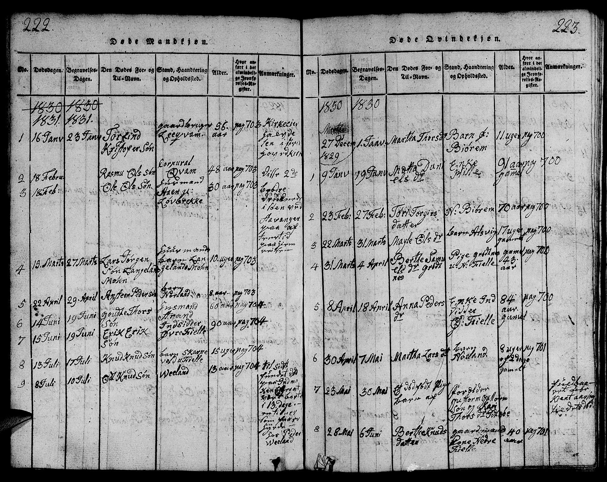 Strand sokneprestkontor, AV/SAST-A-101828/H/Ha/Hab/L0001: Parish register (copy) no. B 1, 1816-1854, p. 222-223