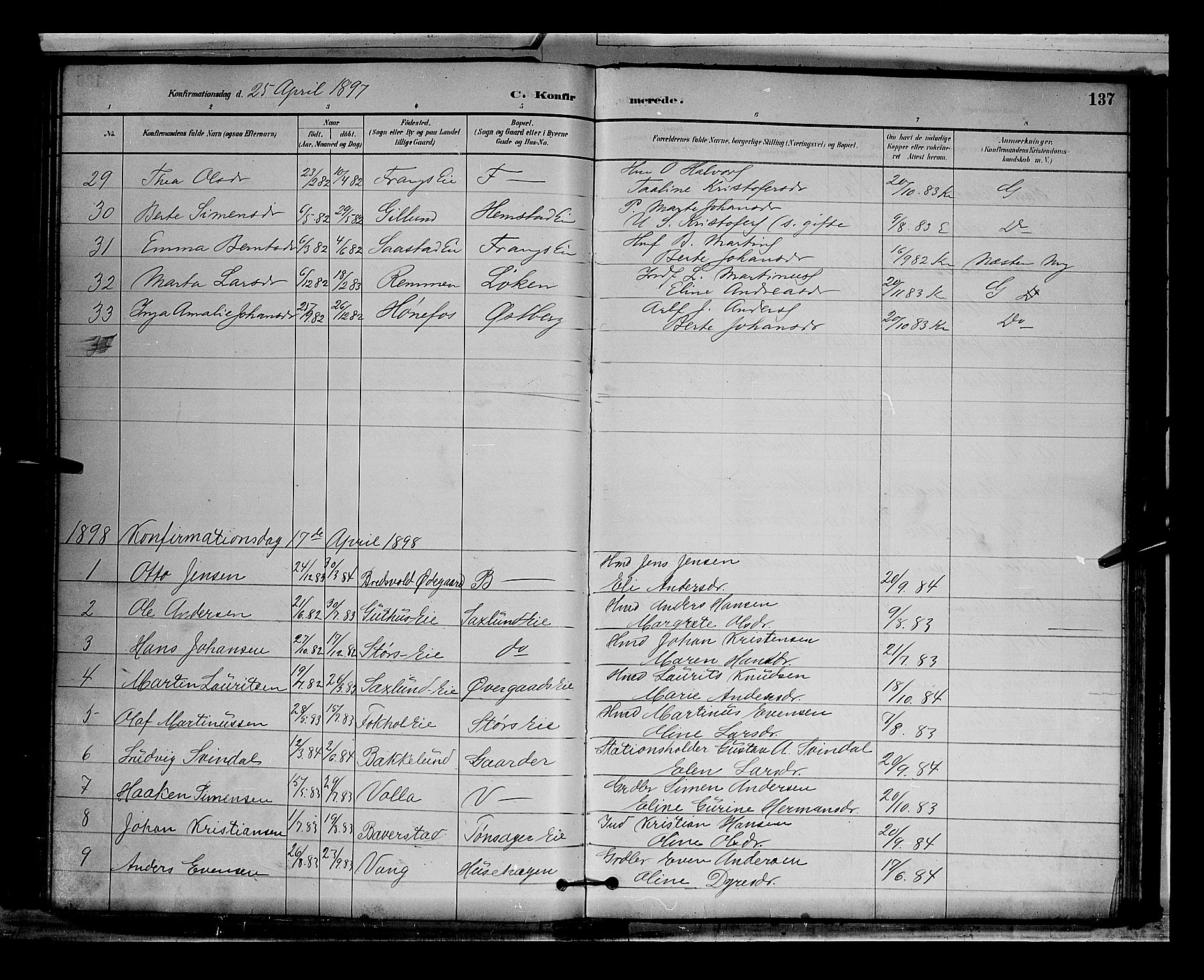 Stange prestekontor, SAH/PREST-002/L/L0009: Parish register (copy) no. 9, 1883-1899, p. 137