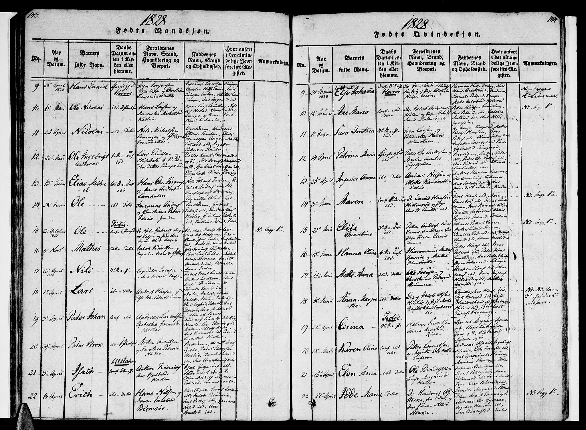 Ministerialprotokoller, klokkerbøker og fødselsregistre - Nordland, SAT/A-1459/830/L0445: Parish register (official) no. 830A09, 1820-1830, p. 143-144