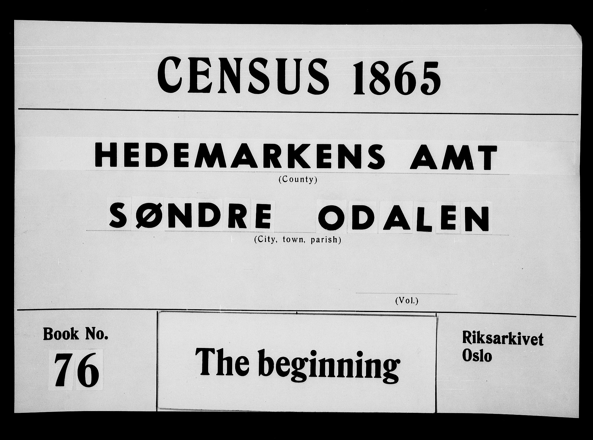 RA, 1865 census for Sør-Odal, 1865, p. 1