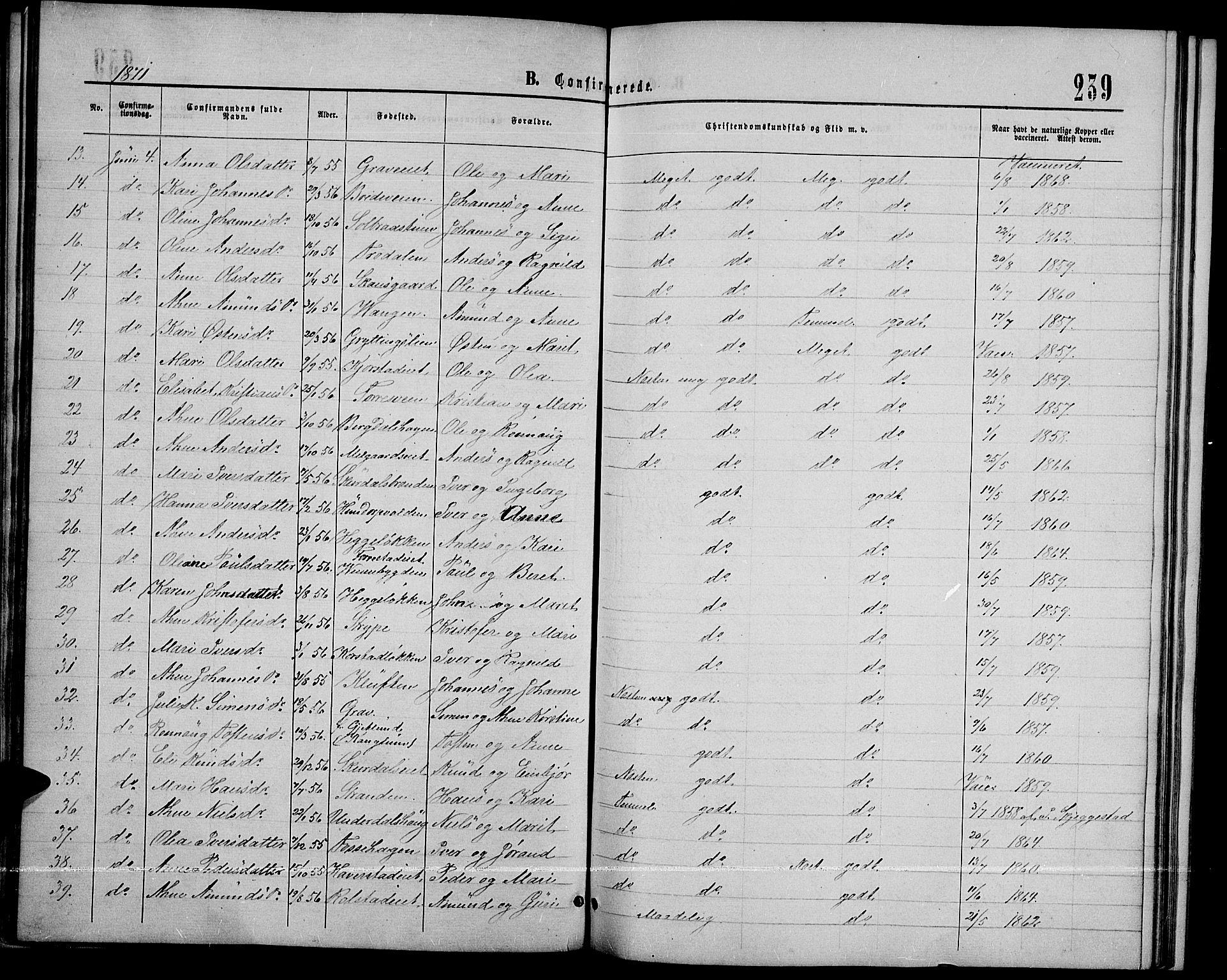 Sør-Fron prestekontor, AV/SAH-PREST-010/H/Ha/Hab/L0002: Parish register (copy) no. 2, 1864-1883, p. 239