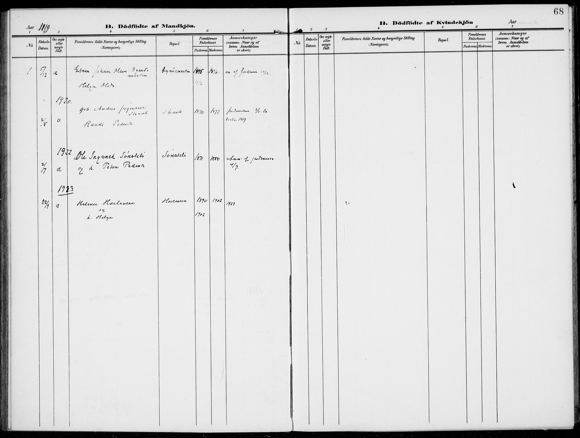 Kolbu prestekontor, SAH/PREST-110/H/Ha/Haa/L0001: Parish register (official) no. 1, 1907-1923, p. 68