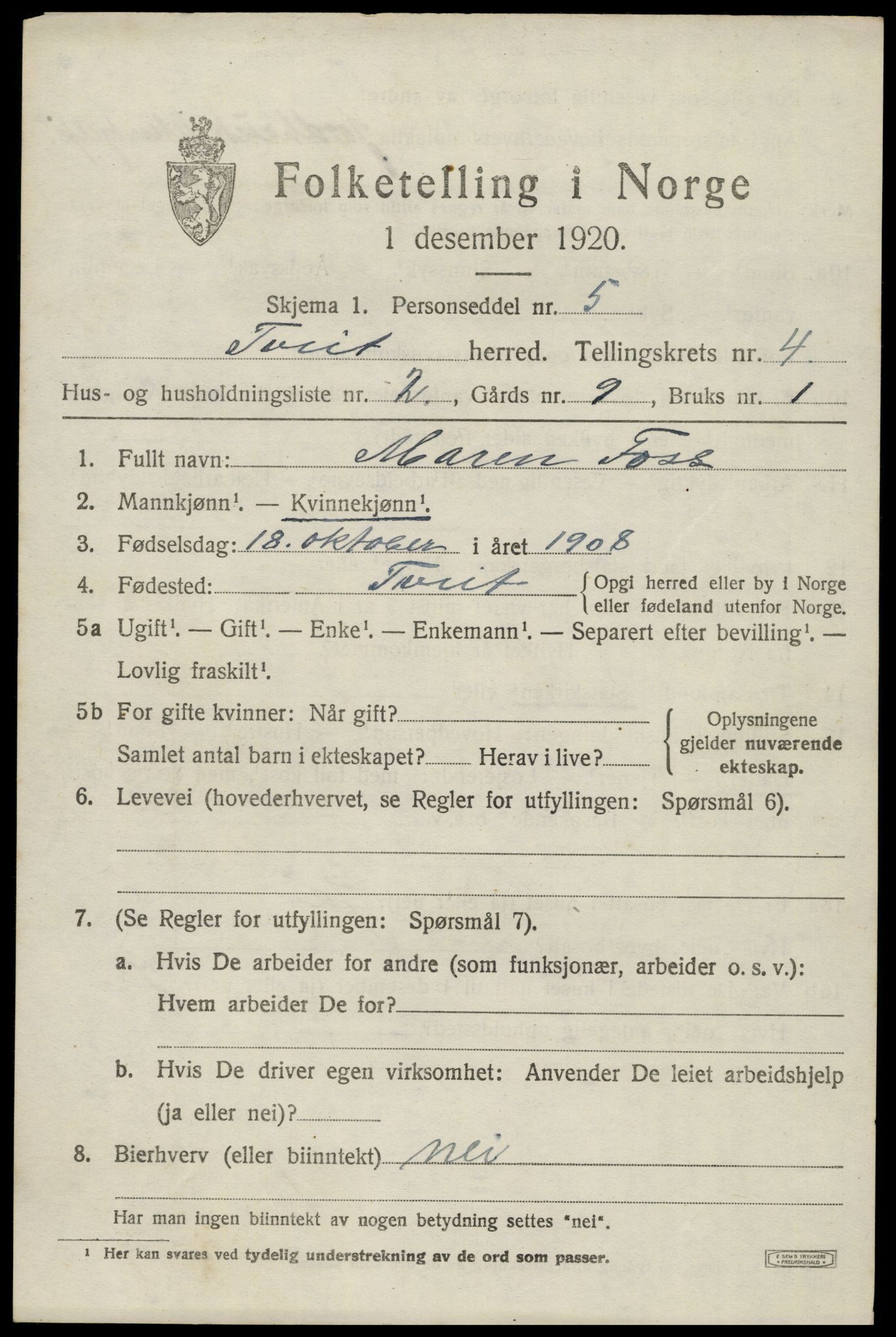 SAK, 1920 census for Tveit, 1920, p. 1992