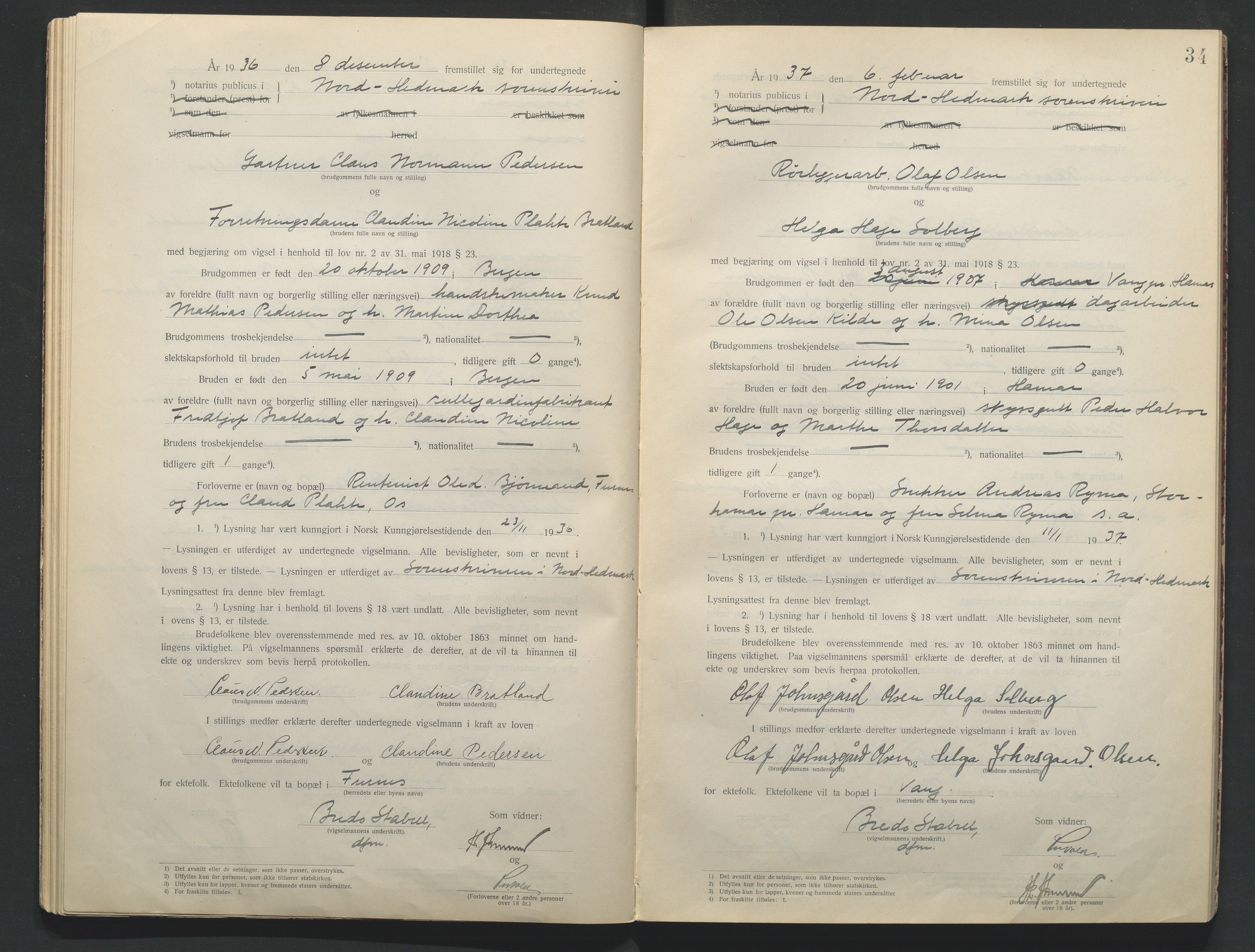 Nord-Hedmark sorenskriveri, AV/SAH-TING-012/L/Lc/L0001/0001: Vigselsprotokoller / Vigselsprotokoll, 1920-1942, p. 34