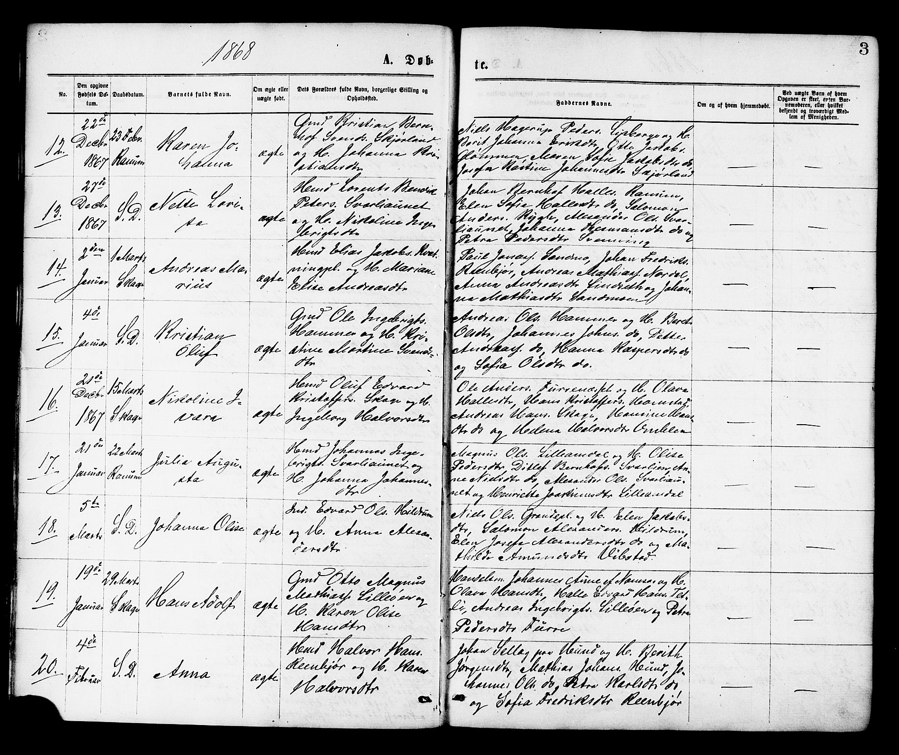 Ministerialprotokoller, klokkerbøker og fødselsregistre - Nord-Trøndelag, SAT/A-1458/764/L0554: Parish register (official) no. 764A09, 1867-1880, p. 3