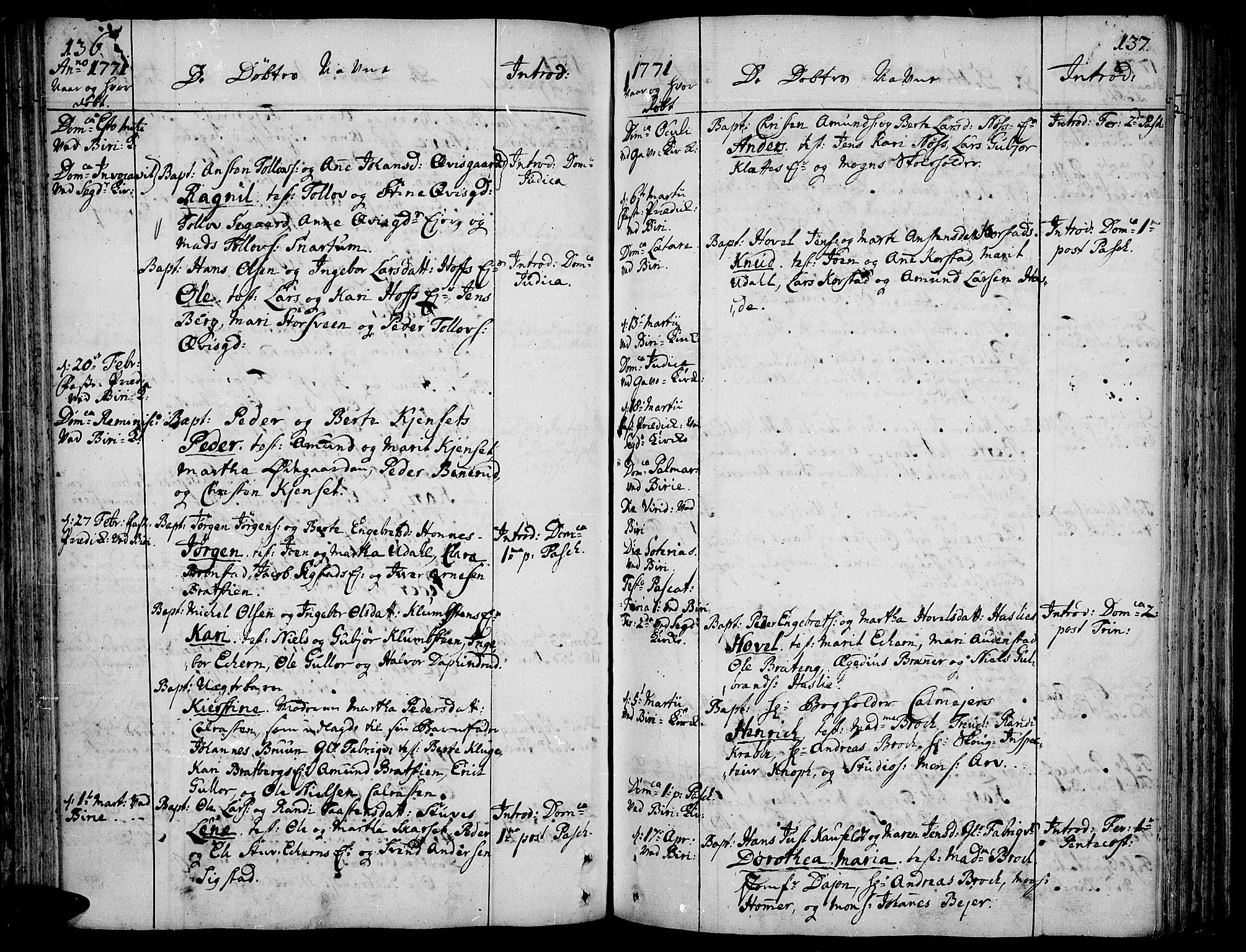 Biri prestekontor, AV/SAH-PREST-096/H/Ha/Haa/L0002: Parish register (official) no. 2, 1754-1789, p. 136-137