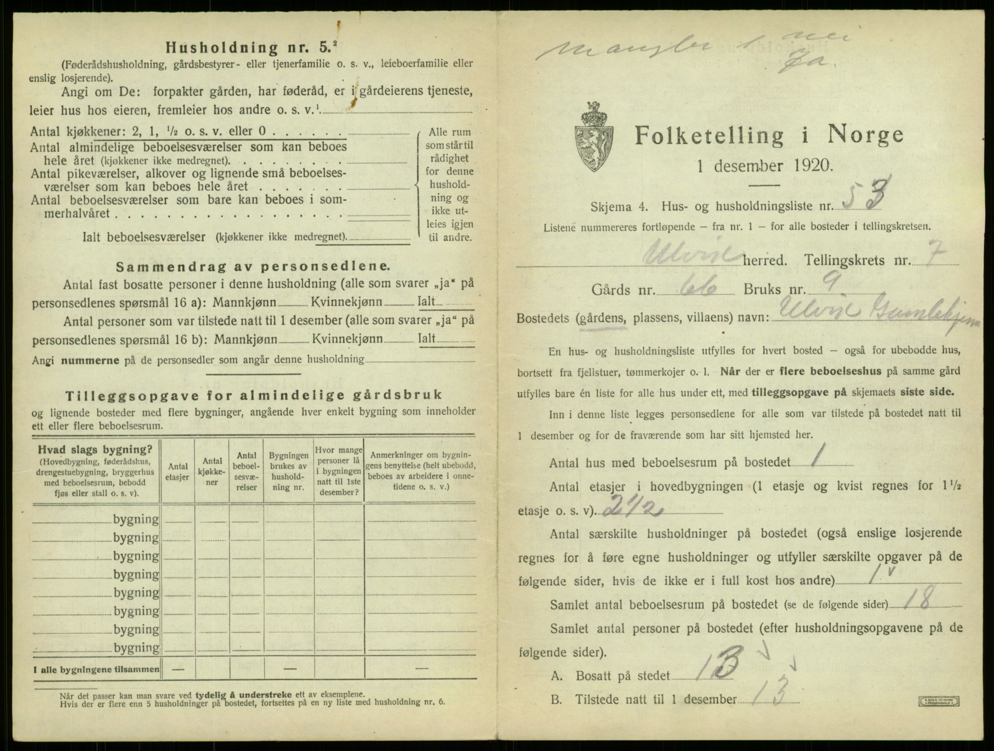 SAB, 1920 census for Ulvik, 1920, p. 61