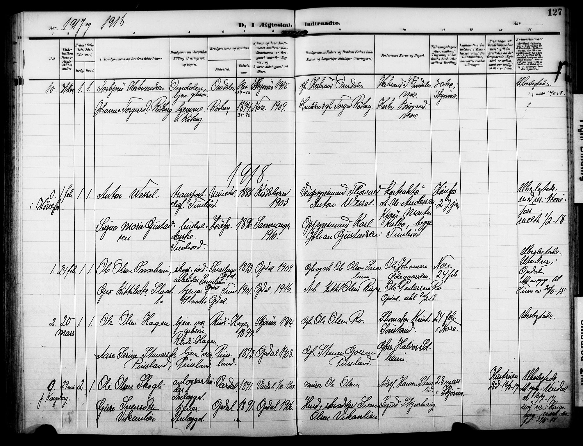 Nore kirkebøker, AV/SAKO-A-238/F/Fb/L0003: Parish register (official) no. II 3, 1906-1926, p. 127