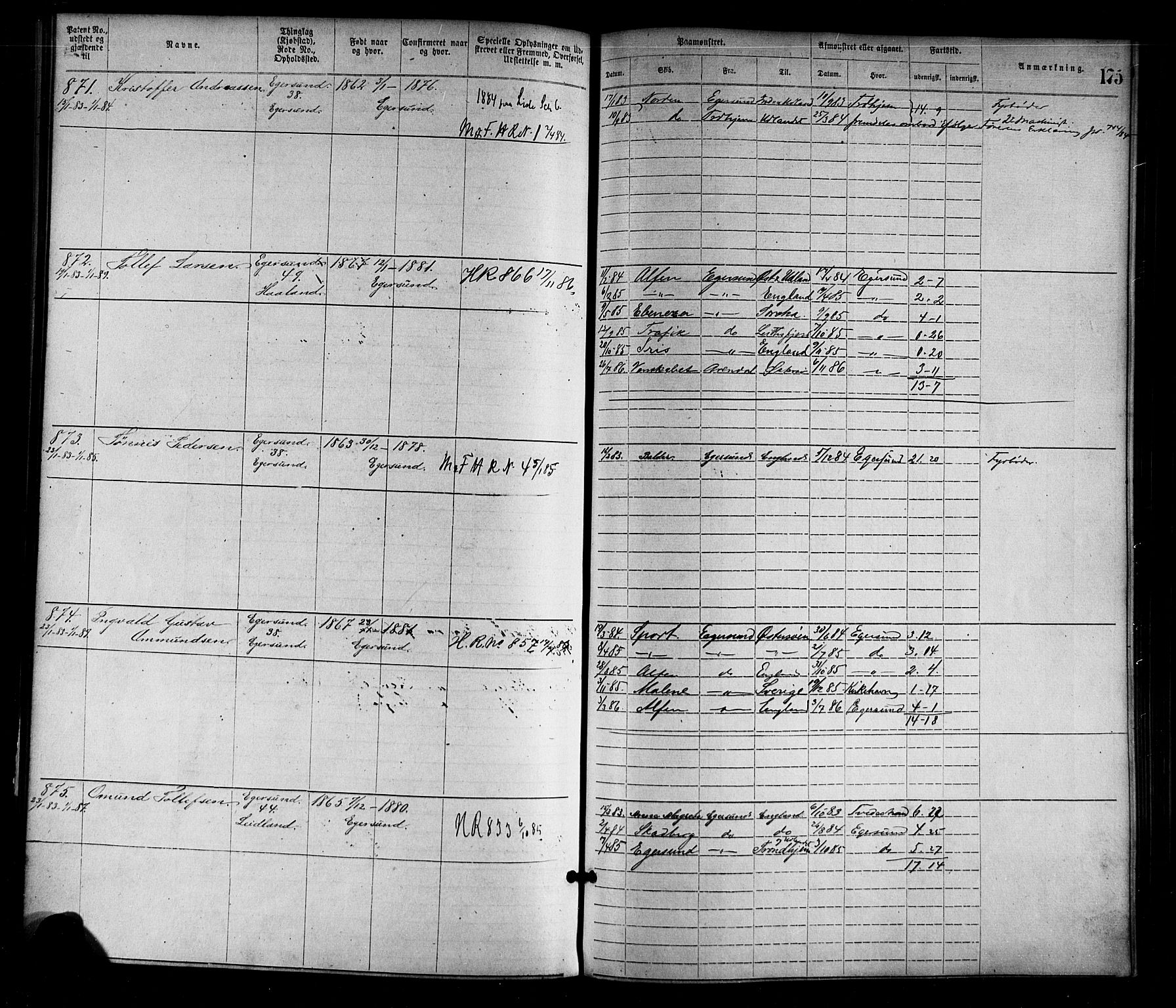 Egersund mønstringskrets, SAK/2031-0019/F/Fa/L0001: Annotasjonsrulle nr 1-1440 med register, O-1, 1869-1895, p. 197