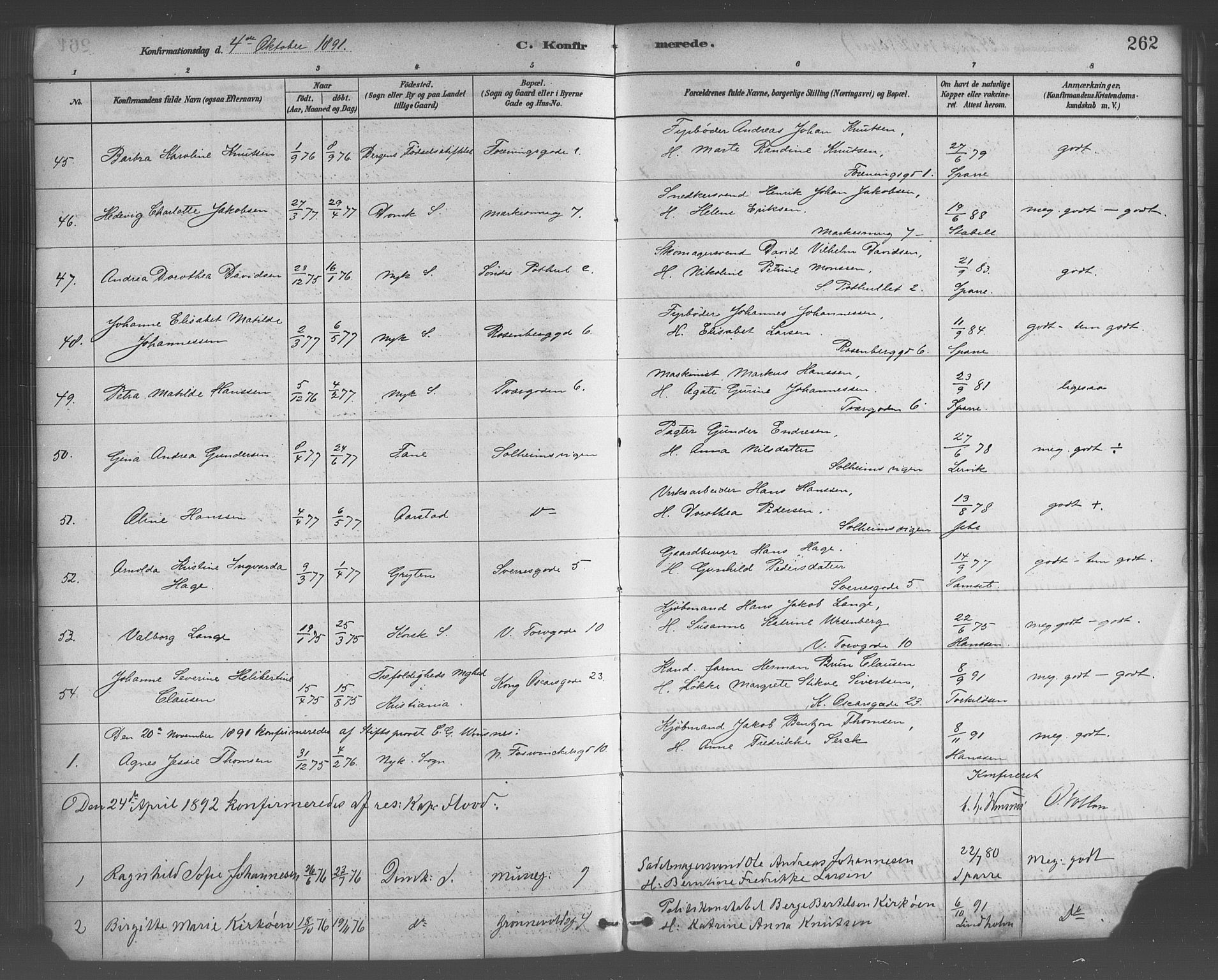 Domkirken sokneprestembete, SAB/A-74801/H/Haa/L0030: Parish register (official) no. C 5, 1880-1898, p. 262