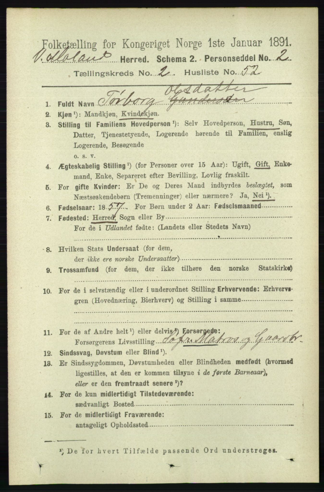 RA, 1891 census for 0926 Vestre Moland, 1891, p. 896