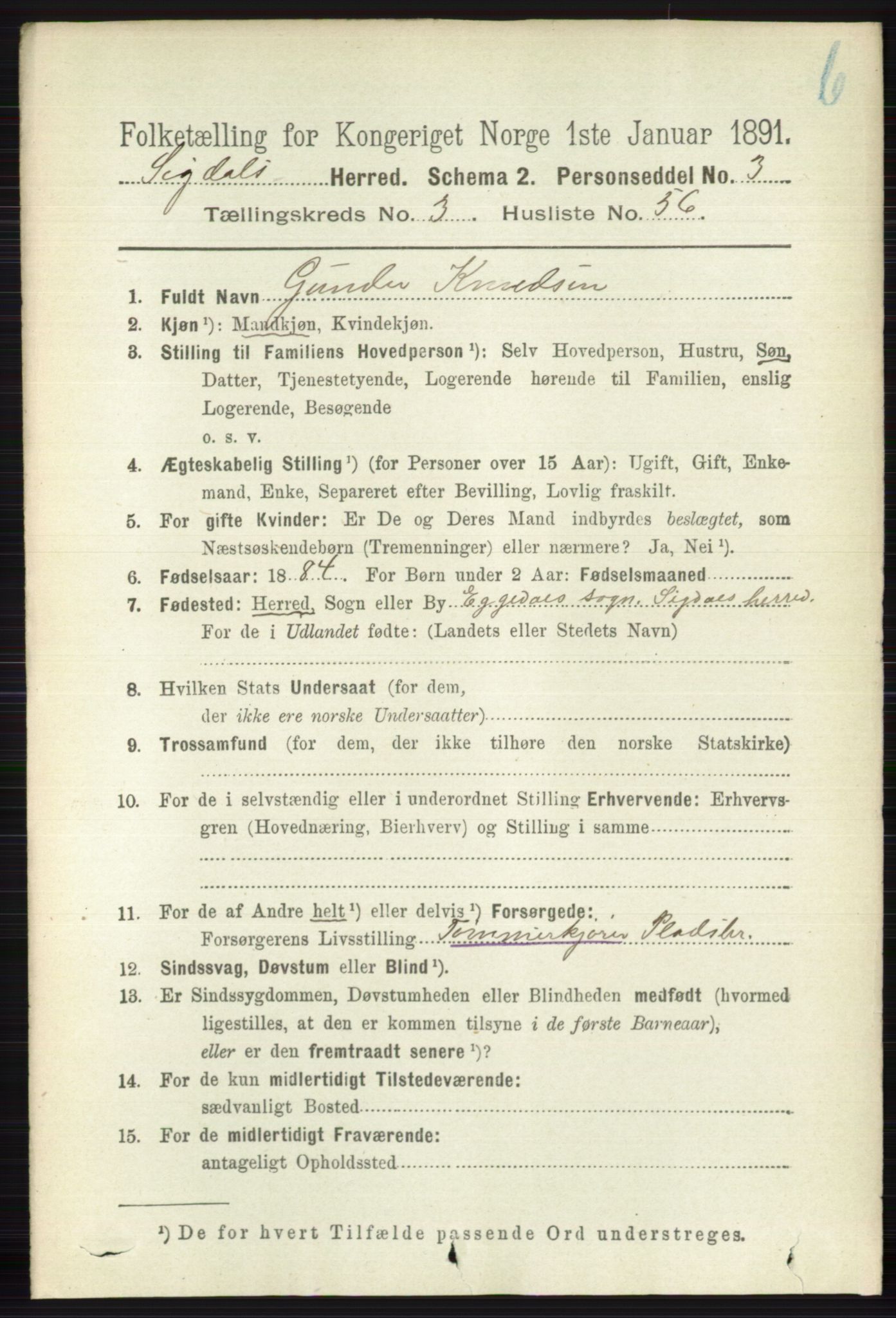 RA, 1891 census for 0621 Sigdal, 1891, p. 4615