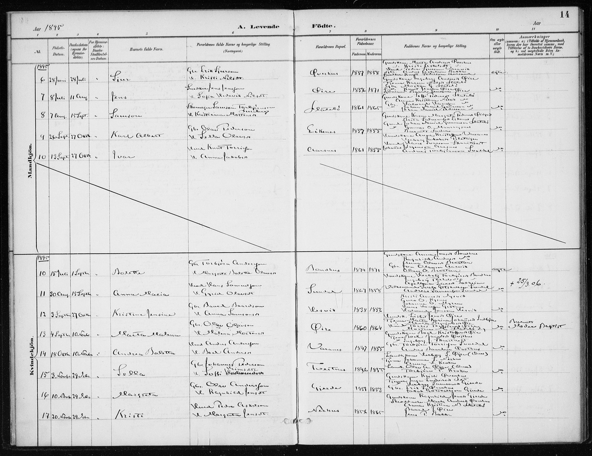 Kvinnherad sokneprestembete, SAB/A-76401/H/Haa: Parish register (official) no. F 1, 1887-1912, p. 14