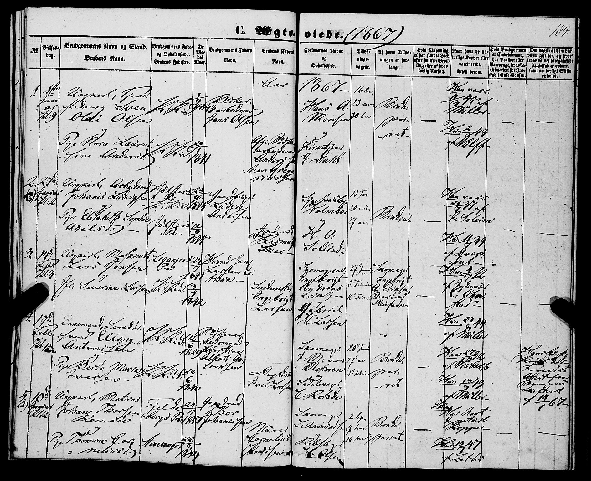 Korskirken sokneprestembete, AV/SAB-A-76101/H/Haa/L0035: Parish register (official) no. D 2, 1852-1867, p. 184