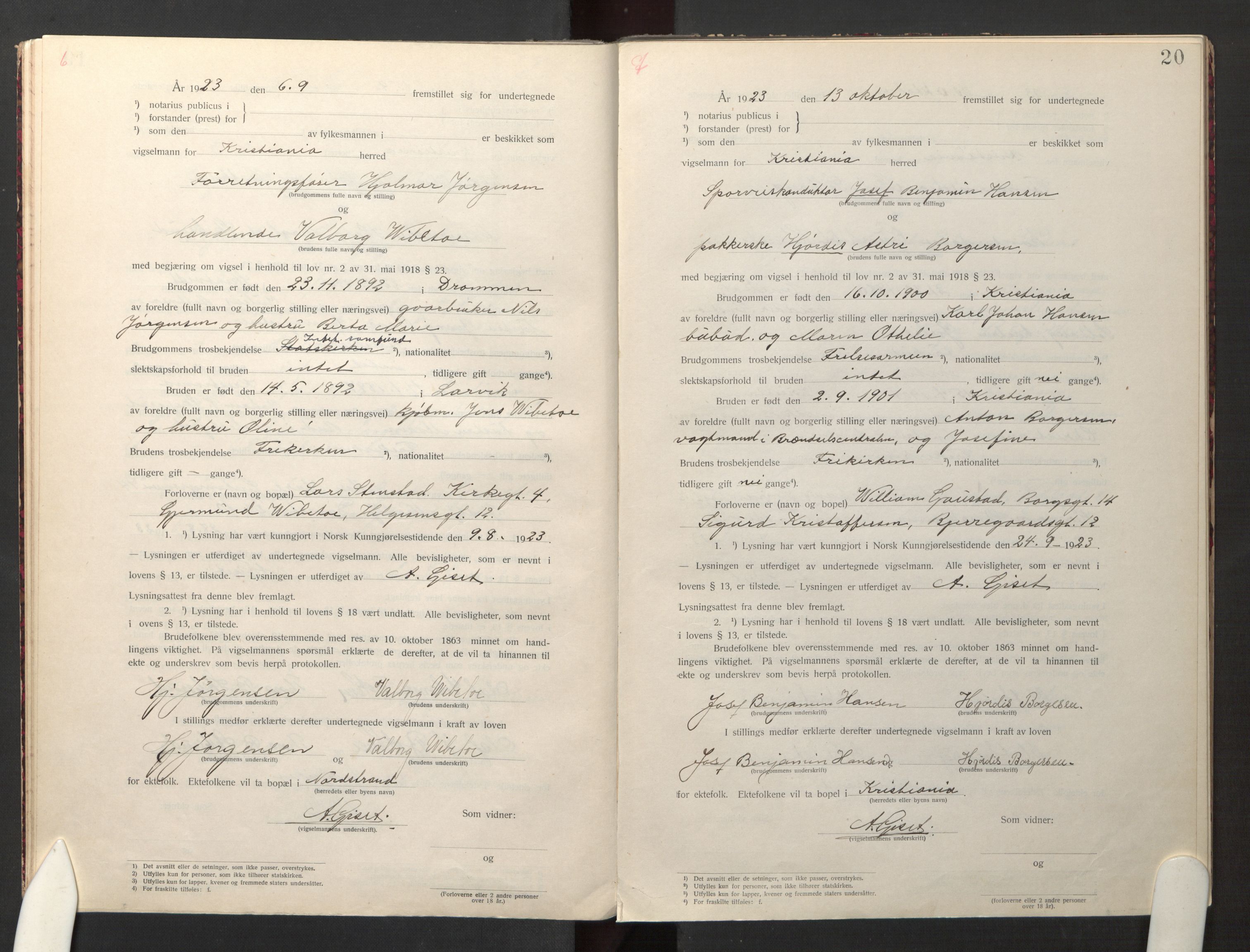 Den evangelisk-lutherske frikirke østre menighet, Oslo, AV/SAO-PAO-0245/F/L0005: Marriage register (dissenter) no. 5, 1920-1941, p. 20