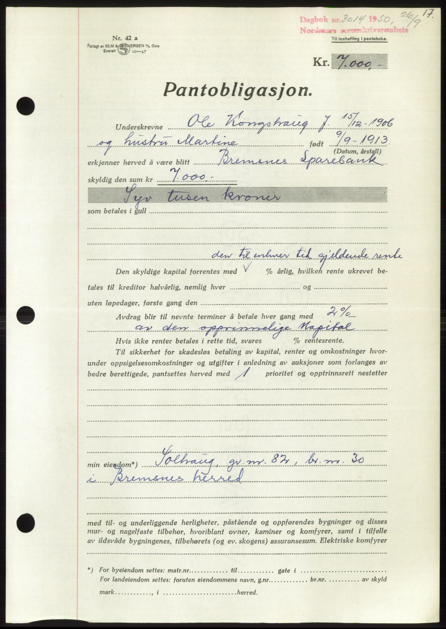 Nordmøre sorenskriveri, AV/SAT-A-4132/1/2/2Ca: Mortgage book no. B106, 1950-1950, Diary no: : 3014/1950