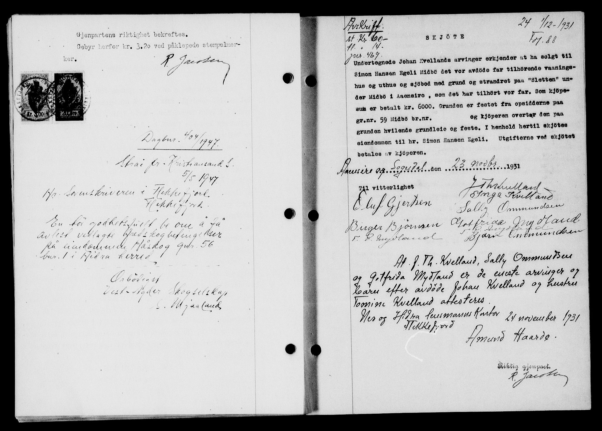 Flekkefjord sorenskriveri, AV/SAK-1221-0001/G/Gb/Gba/L0047: Mortgage book no. 45, 1931-1932, Deed date: 01.12.1931