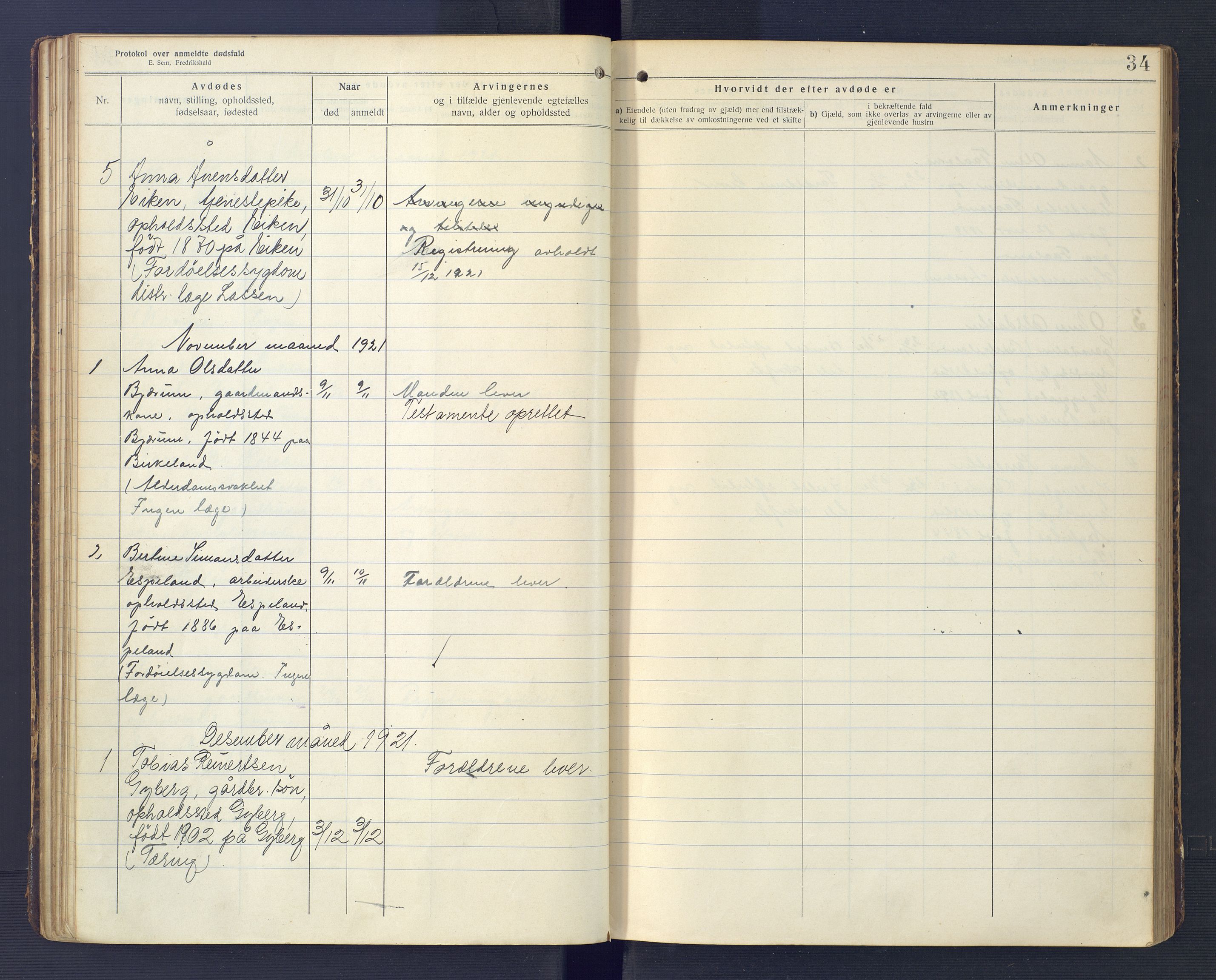 Hægebostad og Eiken lensmannskontor, SAK/1241-0023/F/Fe/L0002: Dødsfallsprotokoll nr 34, 1917-1932, p. 34