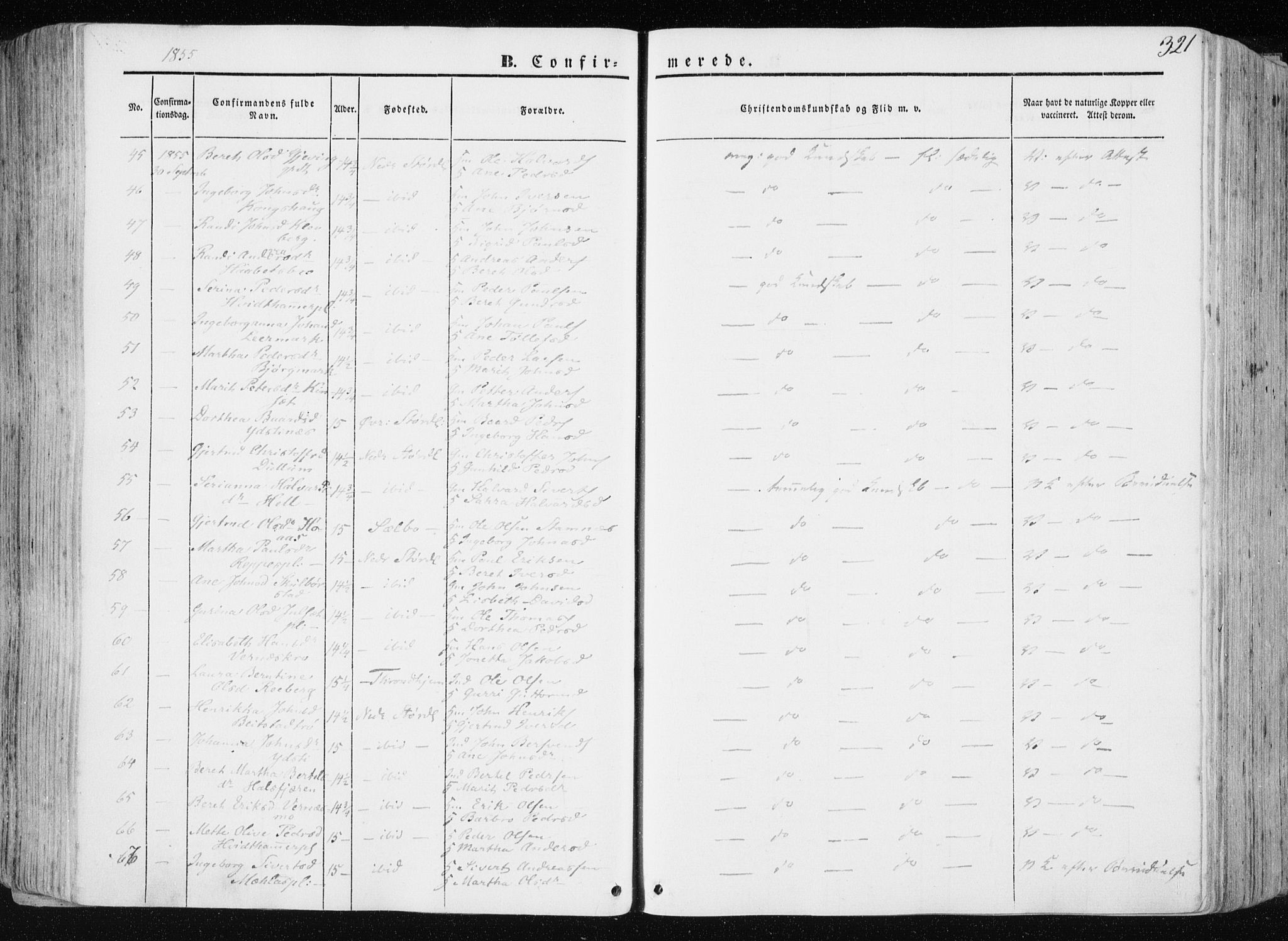 Ministerialprotokoller, klokkerbøker og fødselsregistre - Nord-Trøndelag, AV/SAT-A-1458/709/L0074: Parish register (official) no. 709A14, 1845-1858, p. 321