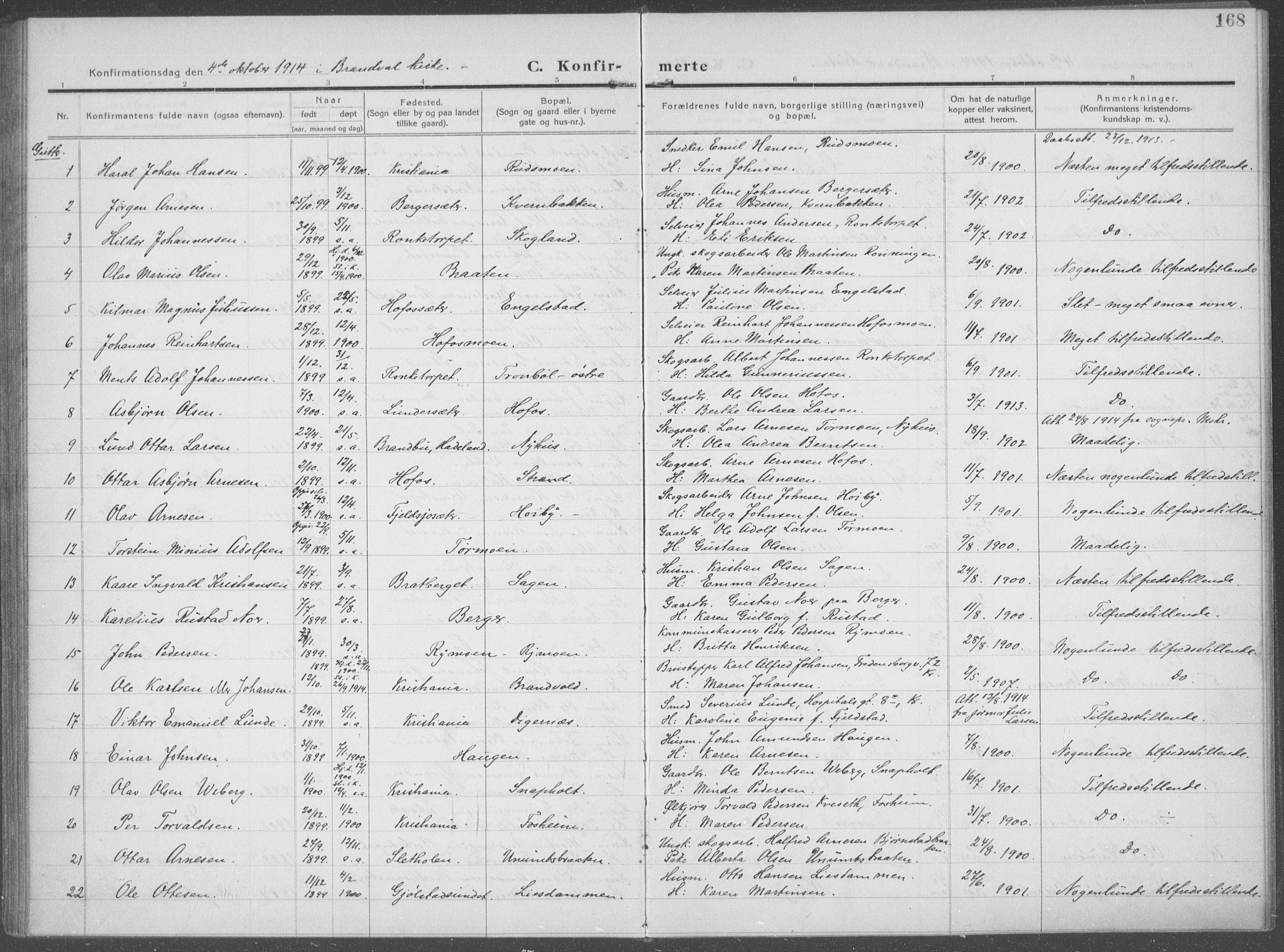 Brandval prestekontor, SAH/PREST-034/H/Ha/Haa/L0004: Parish register (official) no. 4, 1910-1924, p. 168