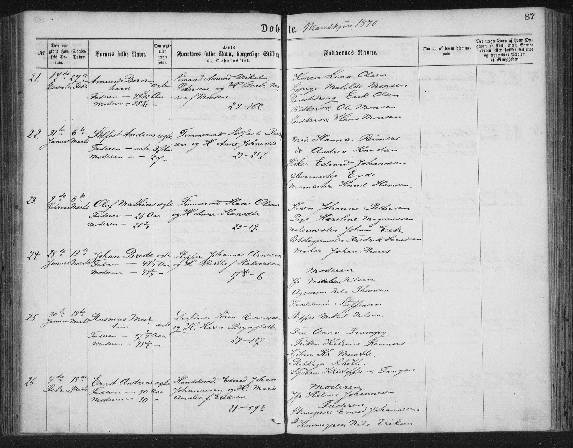 Korskirken sokneprestembete, AV/SAB-A-76101/H/Haa/L0019: Parish register (official) no. B 5, 1866-1871, p. 87