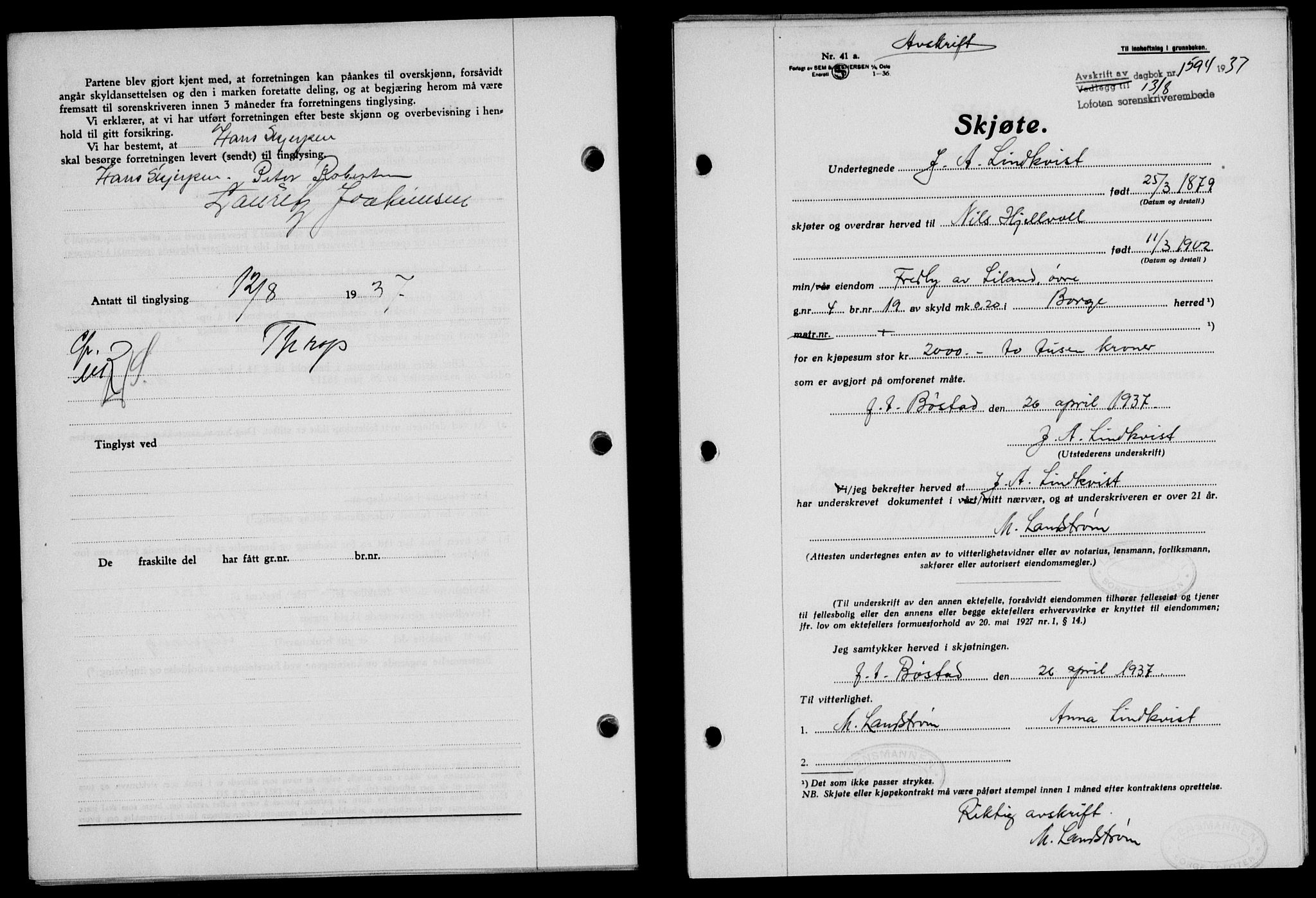 Lofoten sorenskriveri, SAT/A-0017/1/2/2C/L0002a: Mortgage book no. 2a, 1937-1937, Diary no: : 1594/1937
